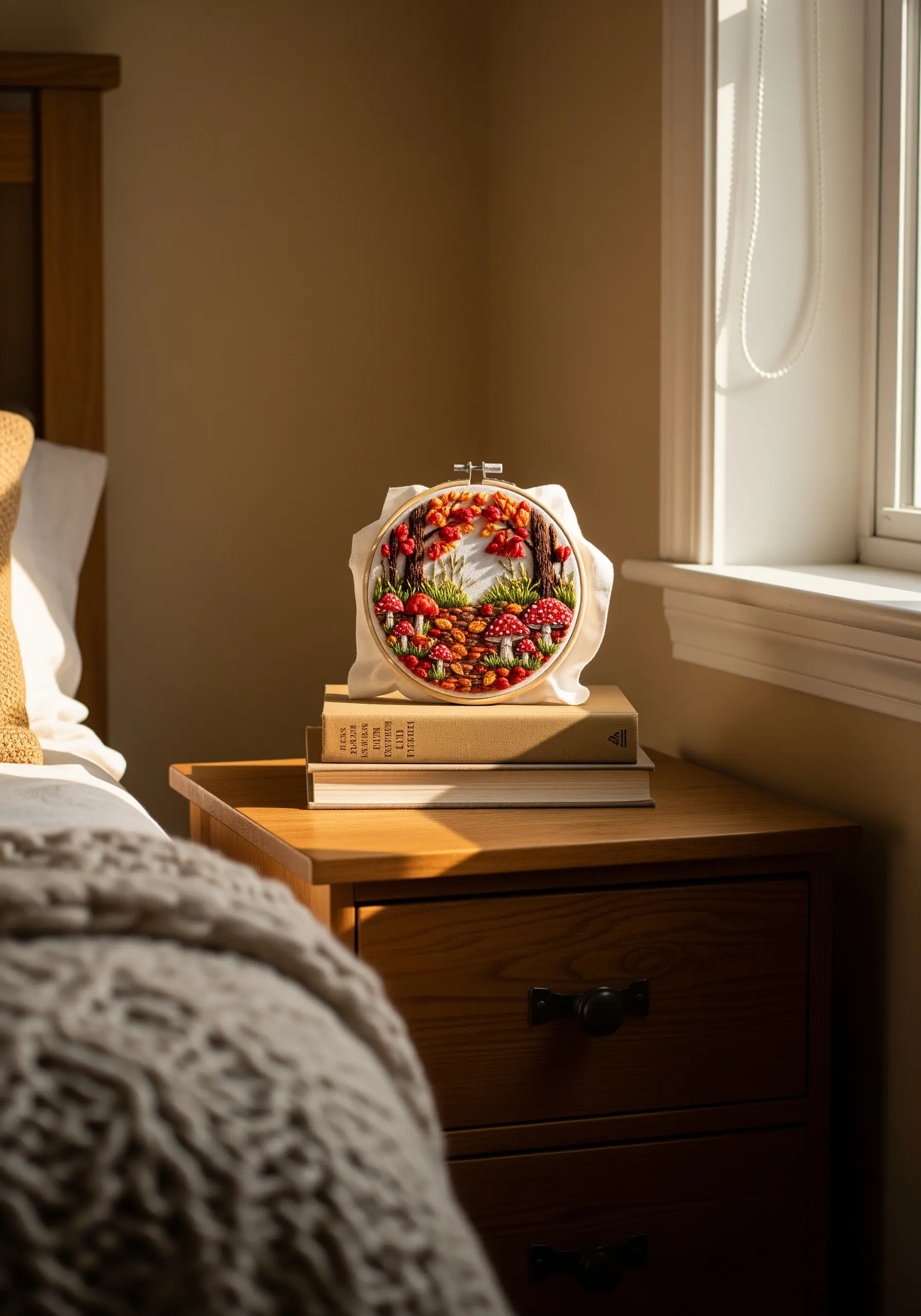 Embroidery hoop with a detailed, textured scene of red mushrooms and a forest path.