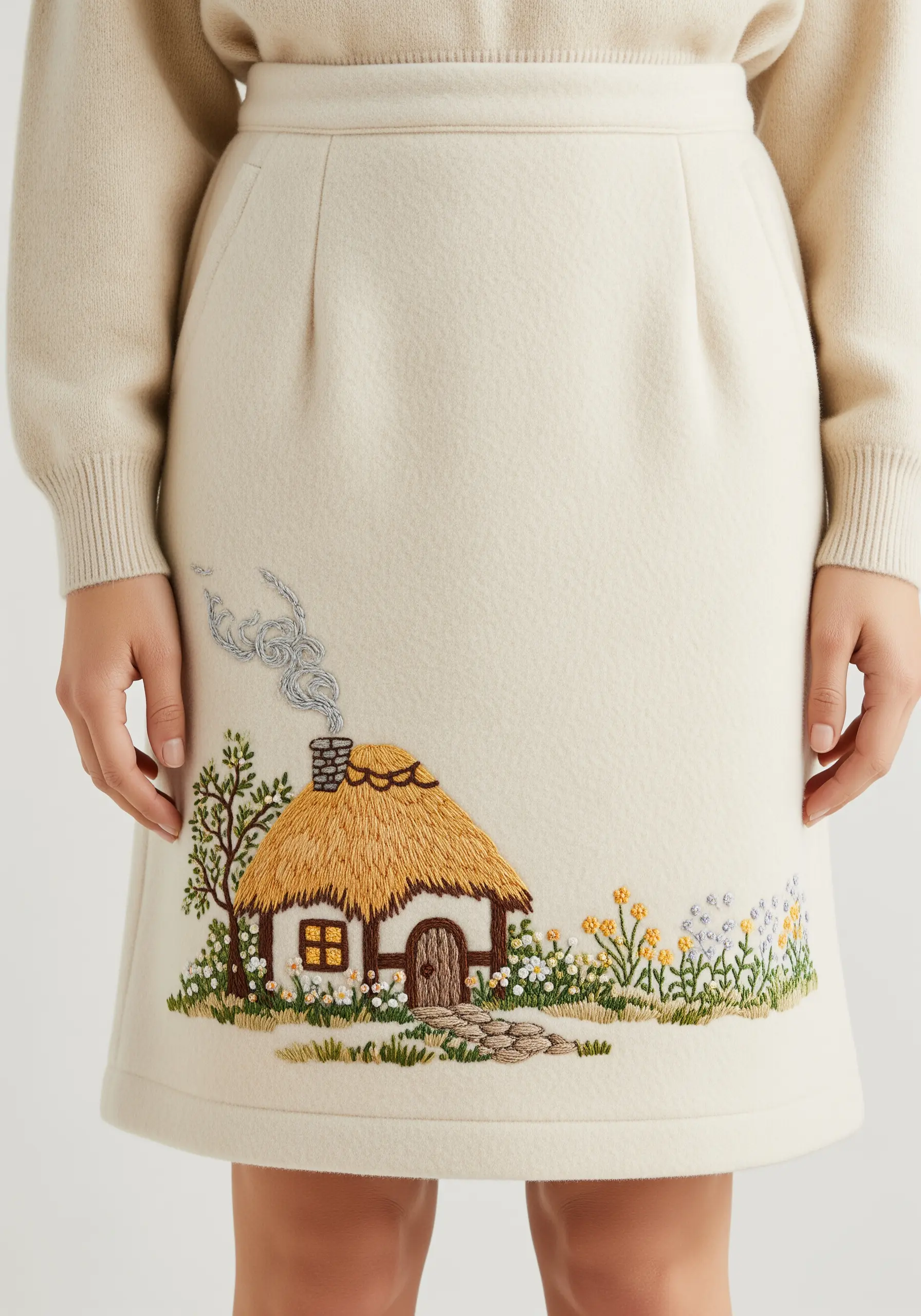 Embroidery of a thatched-roof cottage on the hem of a cream-colored skirt.