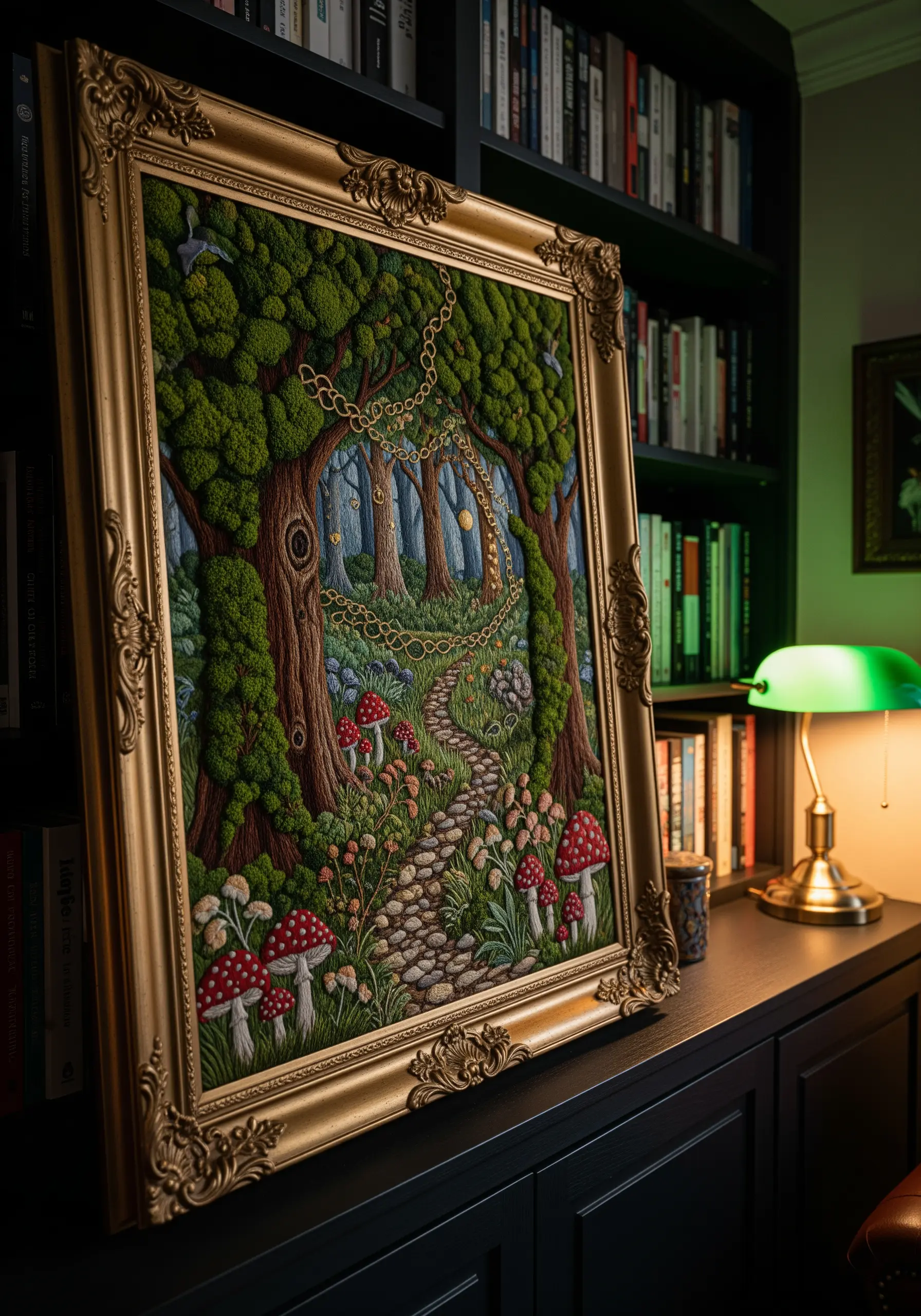Ornately framed 3D embroidery of an enchanted forest path with textured trees and mushrooms.