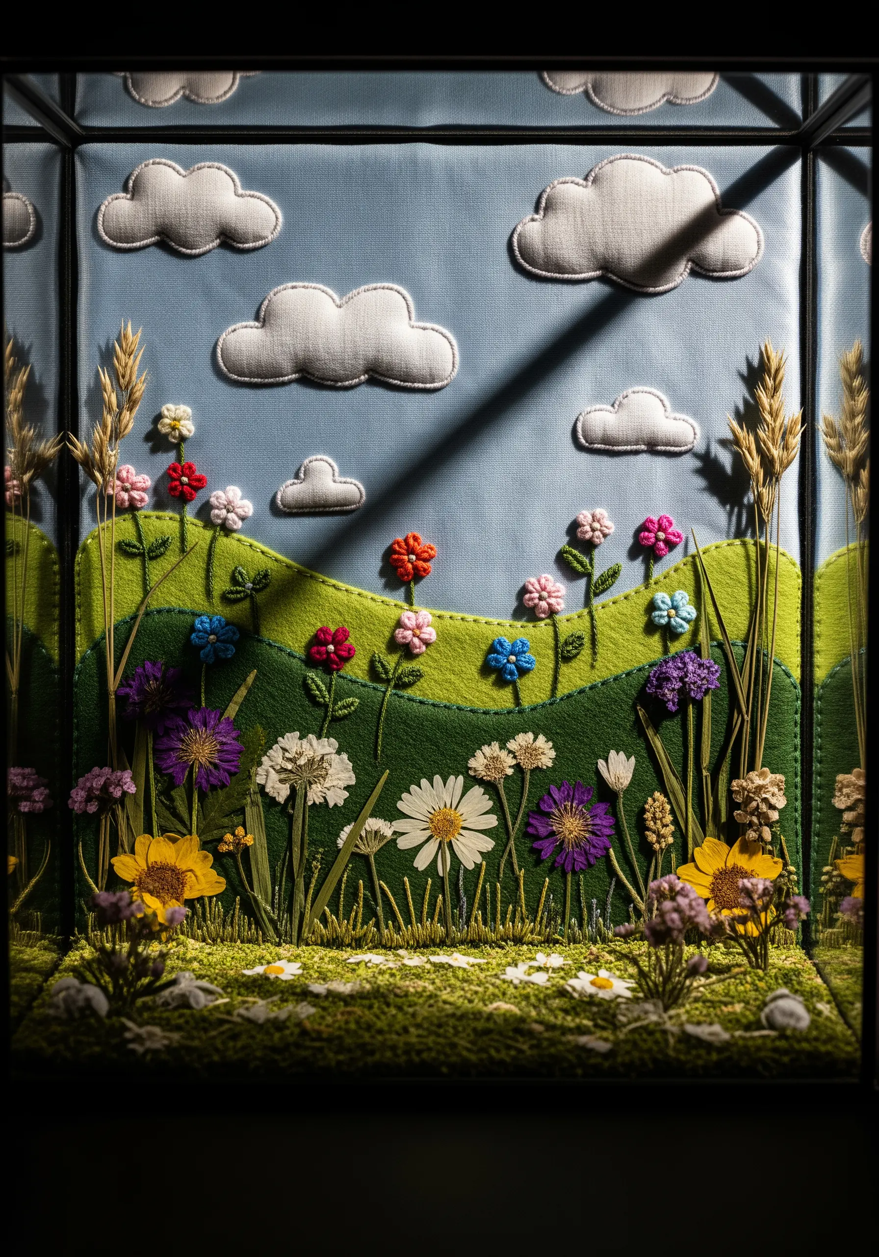 A 3D diorama in a shadow box featuring a landscape of felt hills and embroidered flowers.