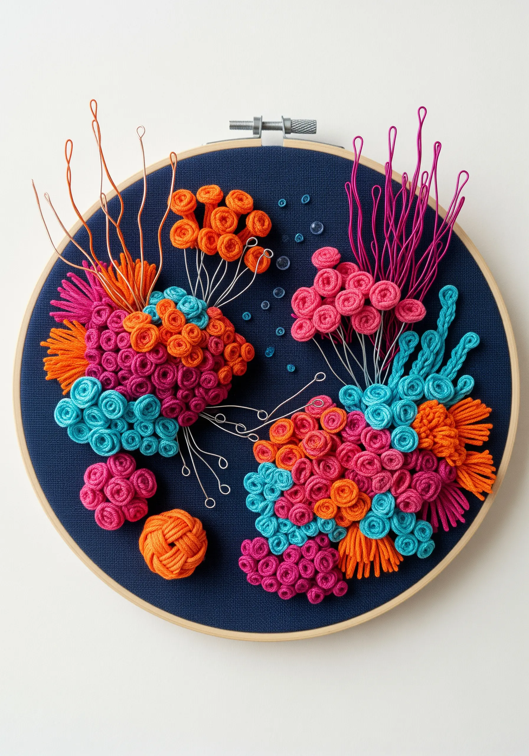 A vibrant coral reef embroidery with dense clusters of French knots and bullion stitches.