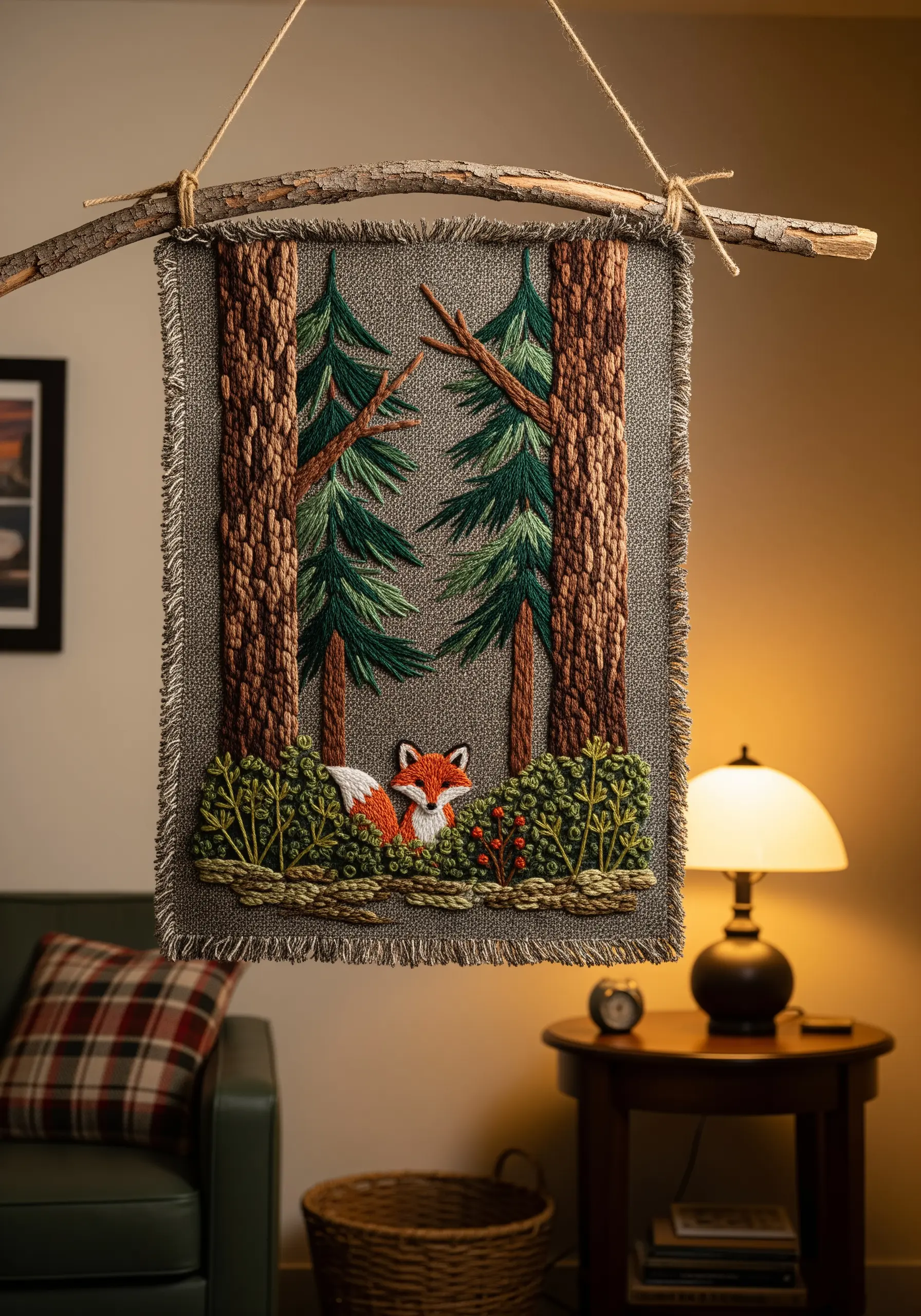 A woodland embroidery scene with a fox, pine trees, and textured bushes, hung from a branch.