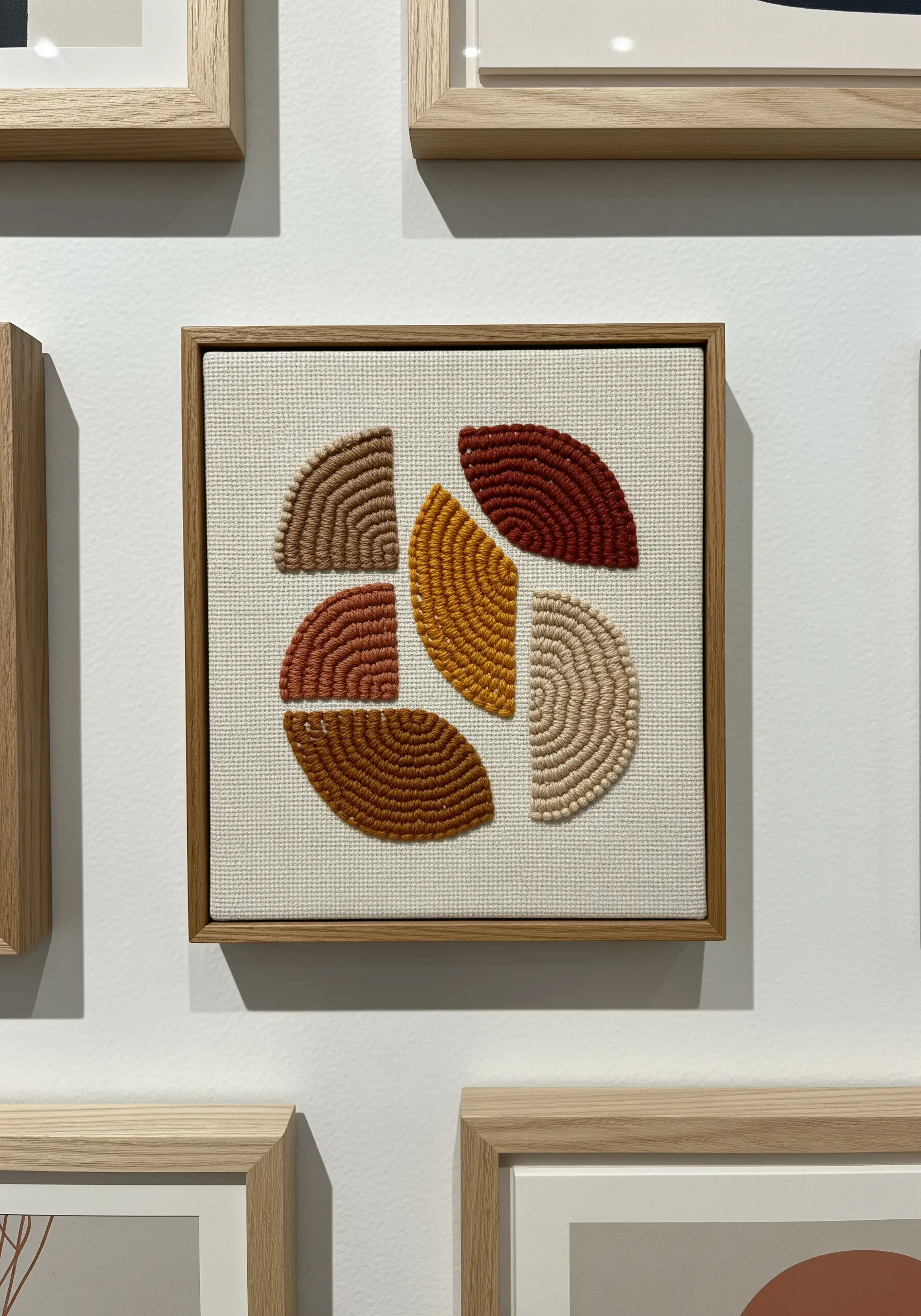 A framed piece of abstract embroidery with textured, earth-toned semi-circles.