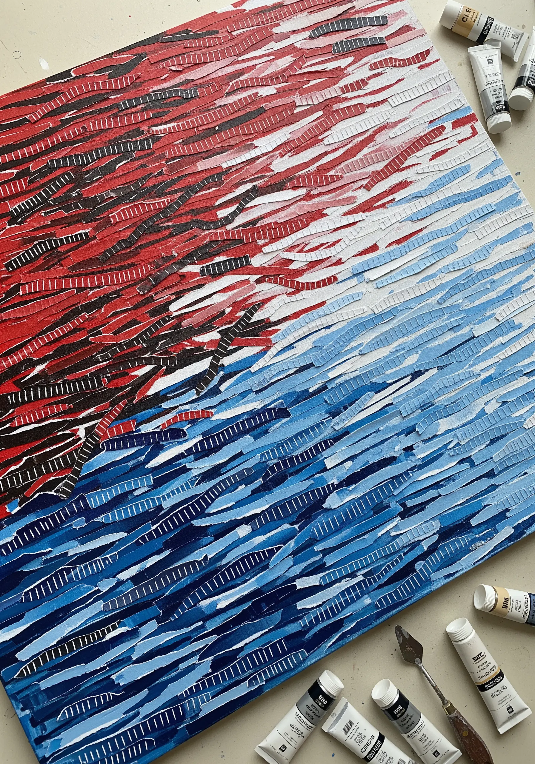 An abstract collage of red, white, and blue torn paper strips with painted white dash marks.