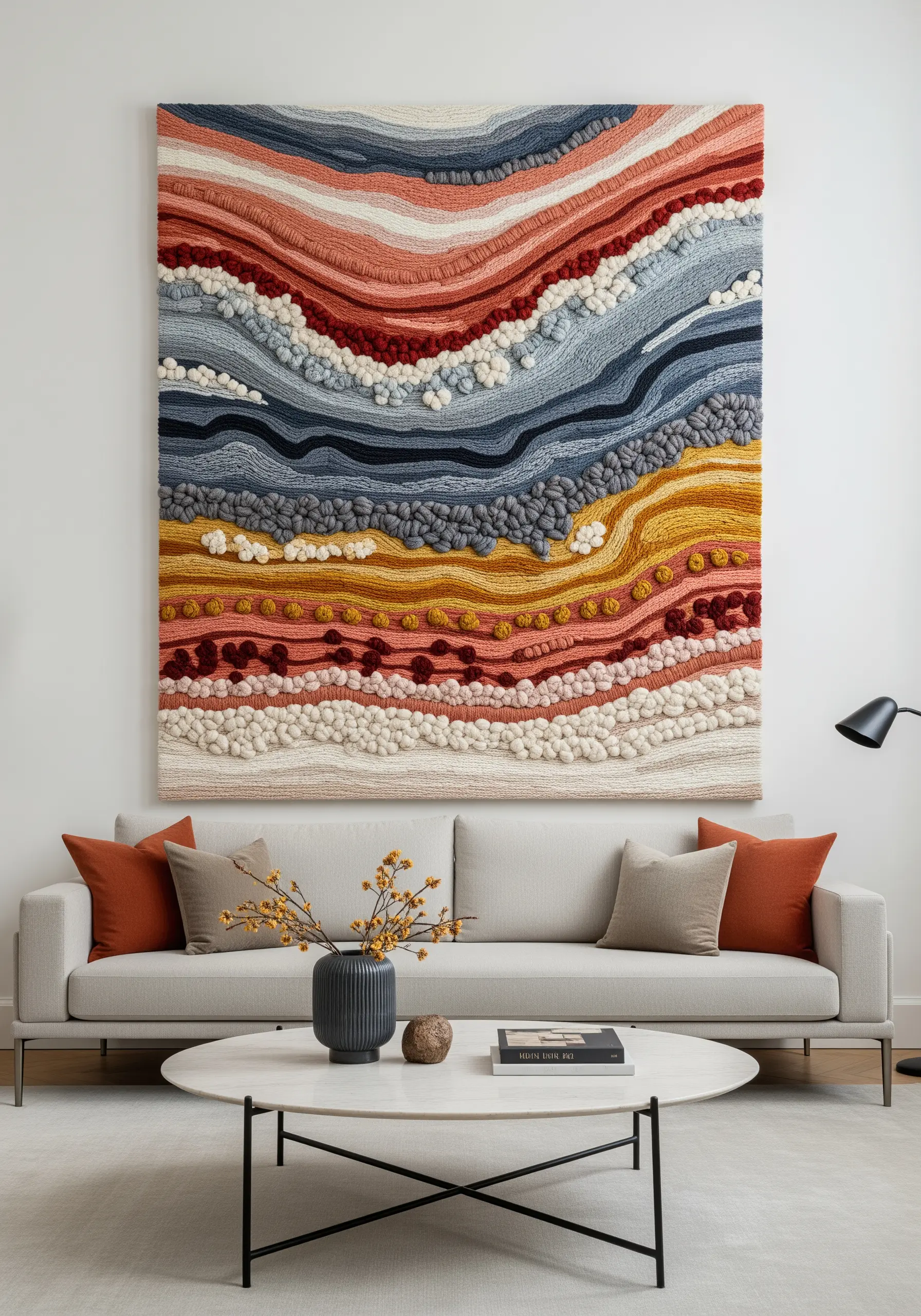 Large, heavily textured fiber art tapestry depicting abstract geological layers in earth tones