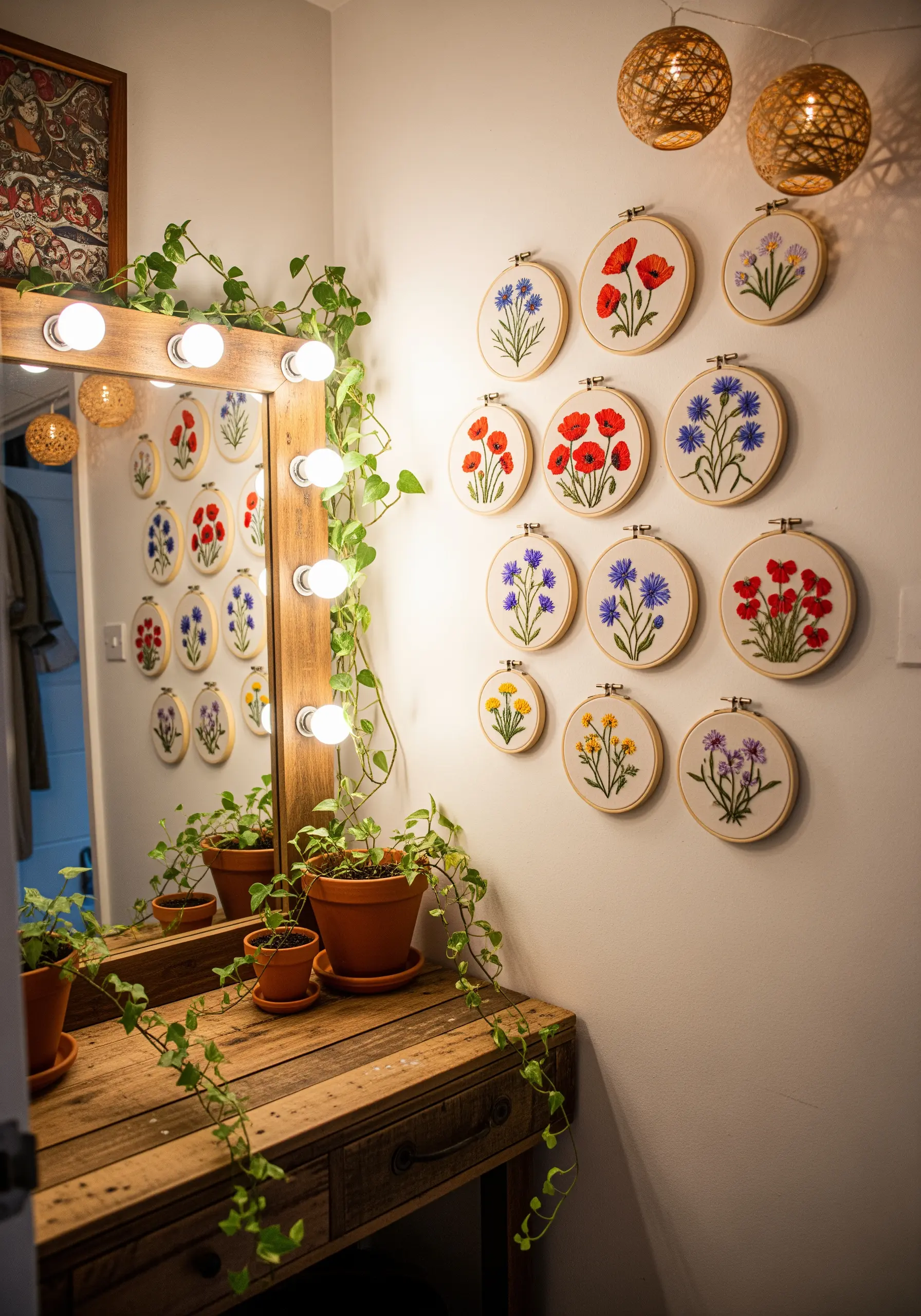 A dense cluster of embroidery hoops with red poppies and blue cornflowers on a white wall.