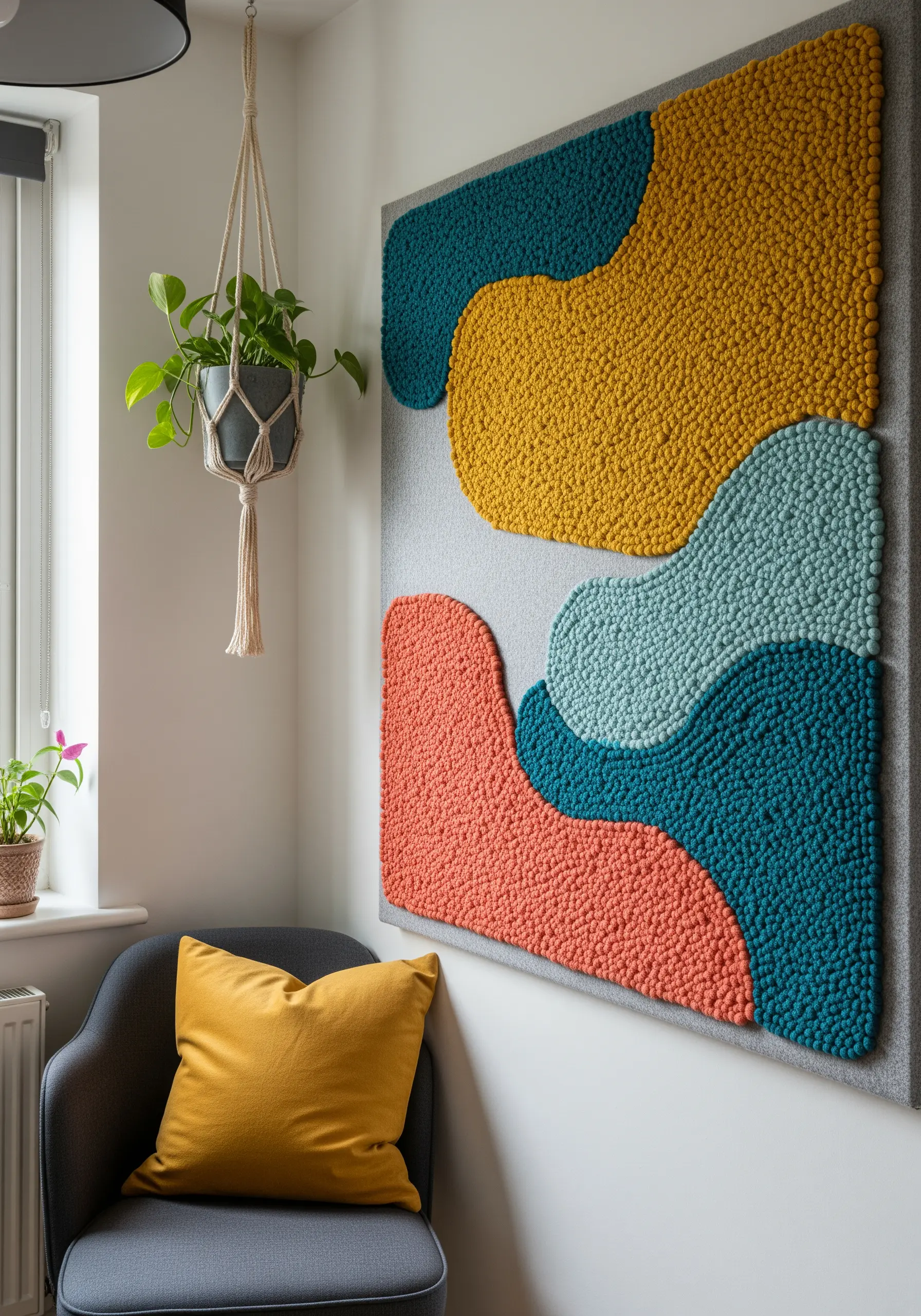 Large textile wall art with abstract color blocks made of dense felt balls.