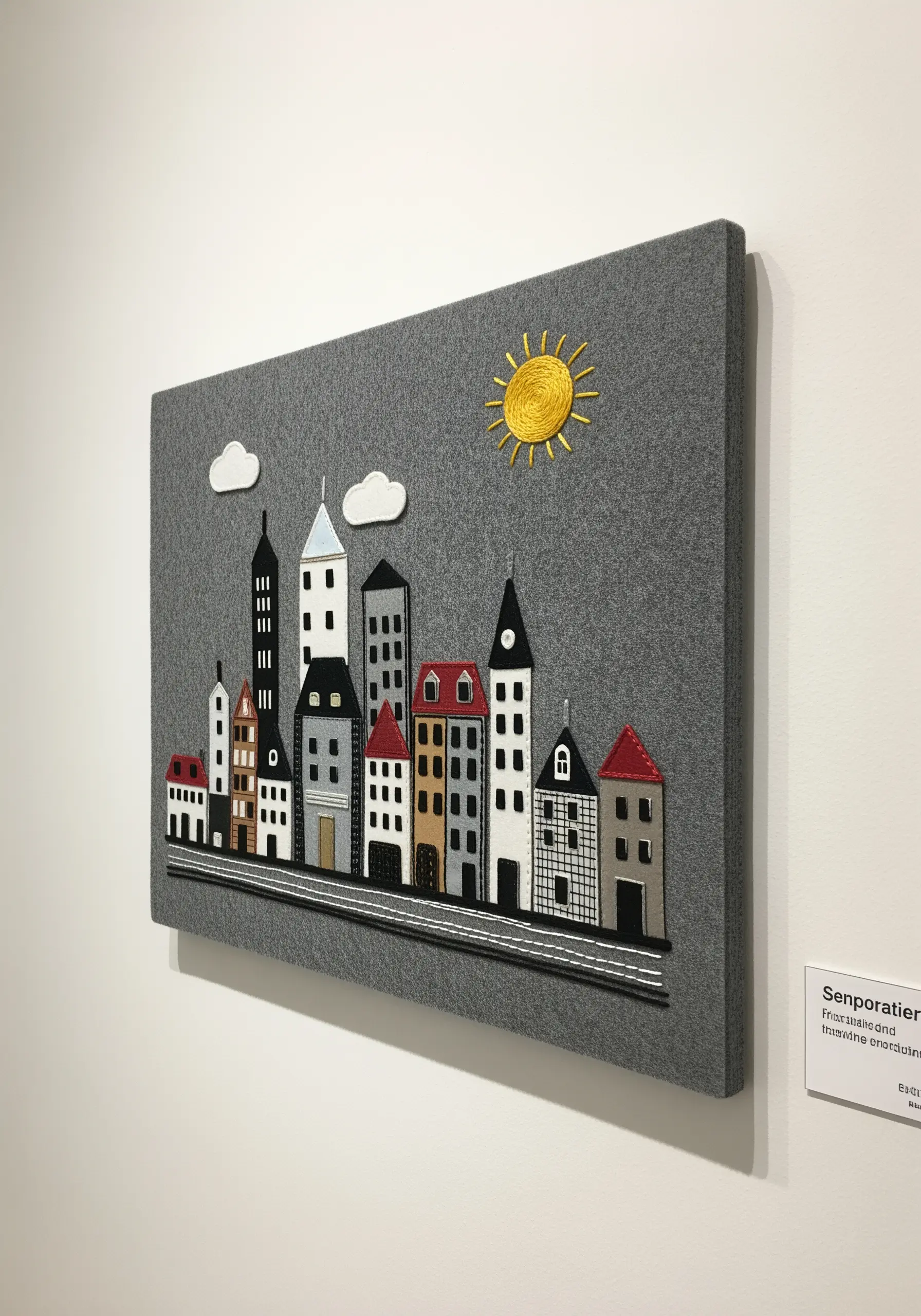 Felt appliqué cityscape with minimal black and white embroidered details on a gray background.