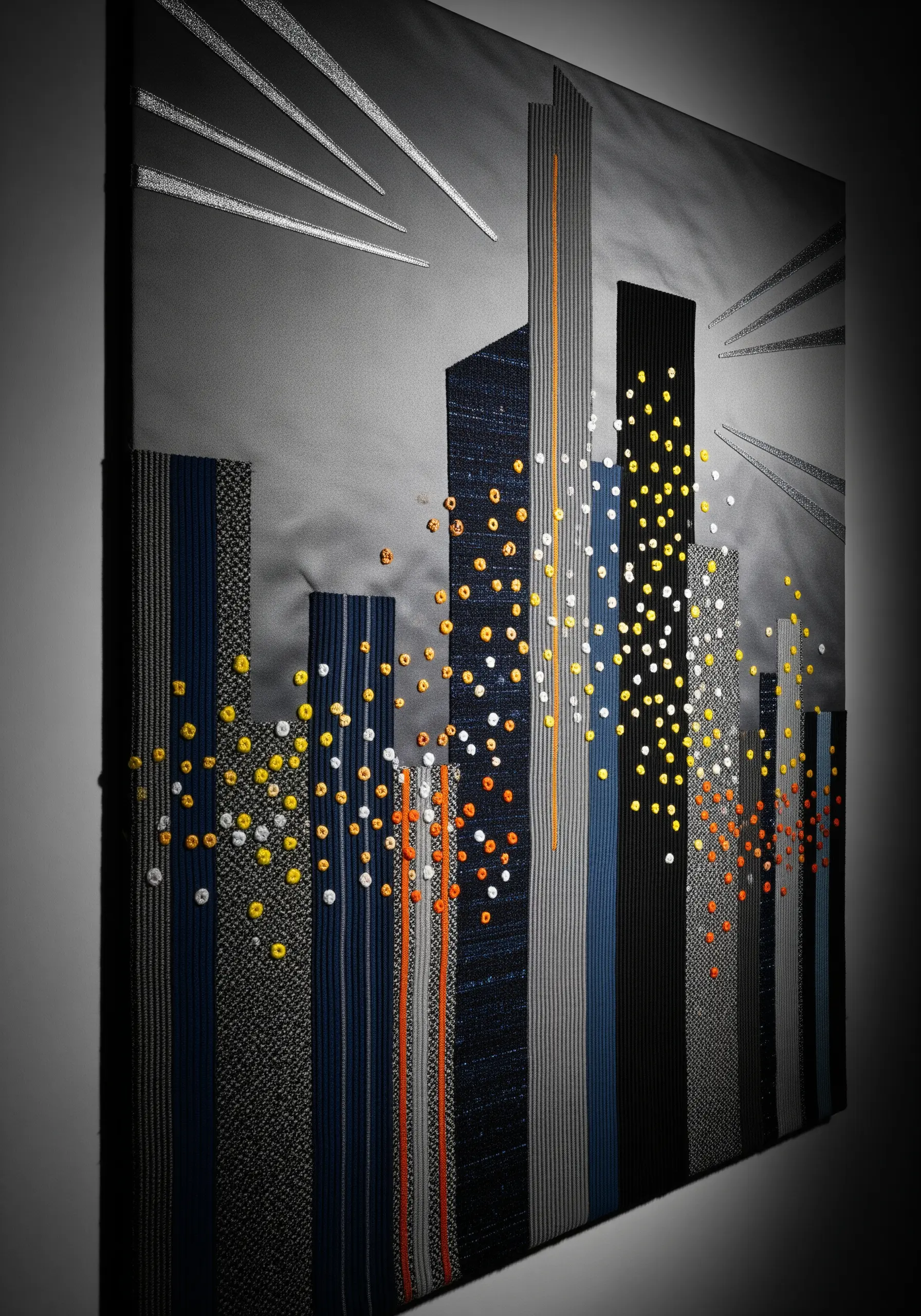 Abstract cityscape collage made from textured fabric strips with French knot lights.
