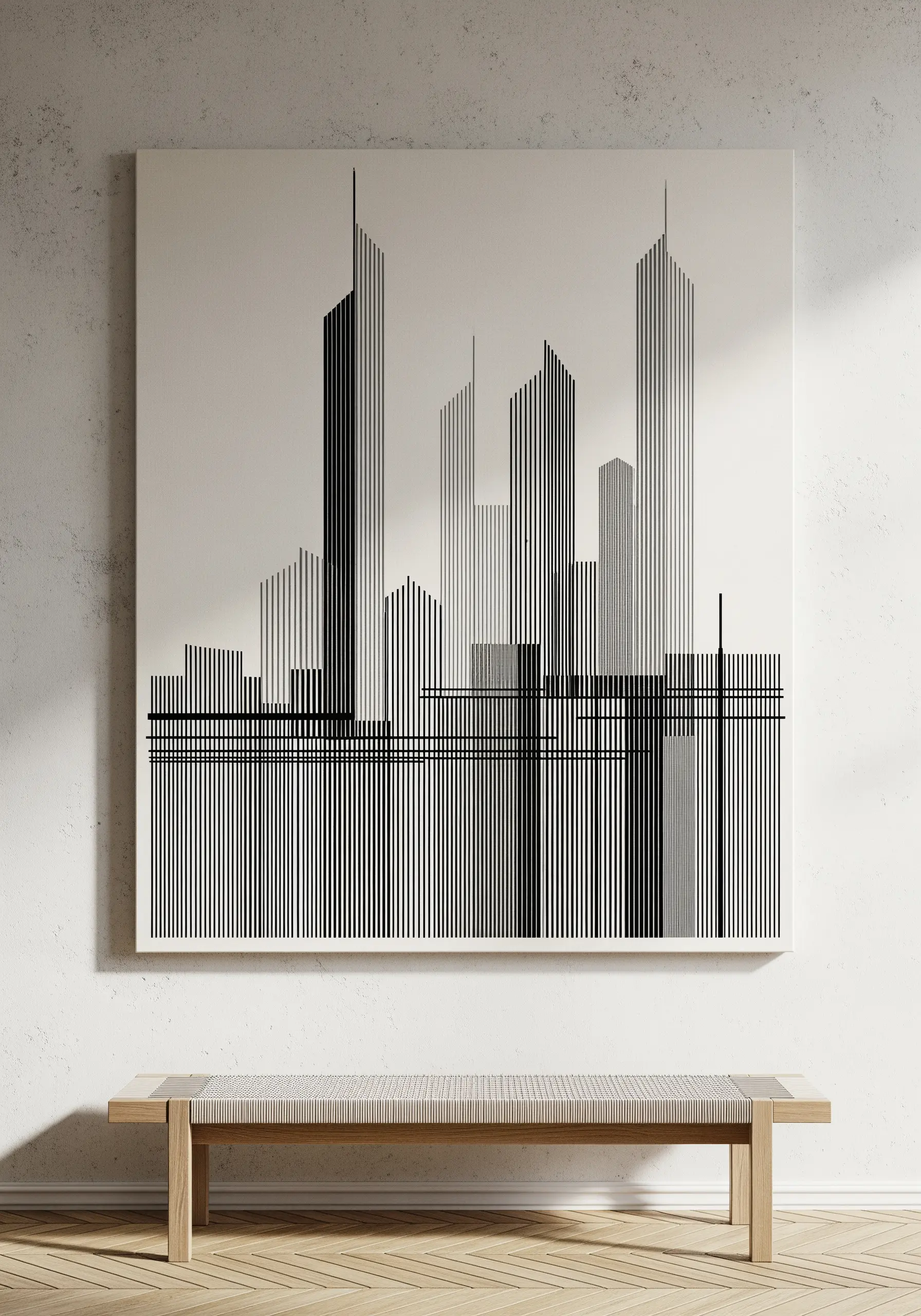 A large-scale abstract cityscape made of vertical black lines on a white canvas.