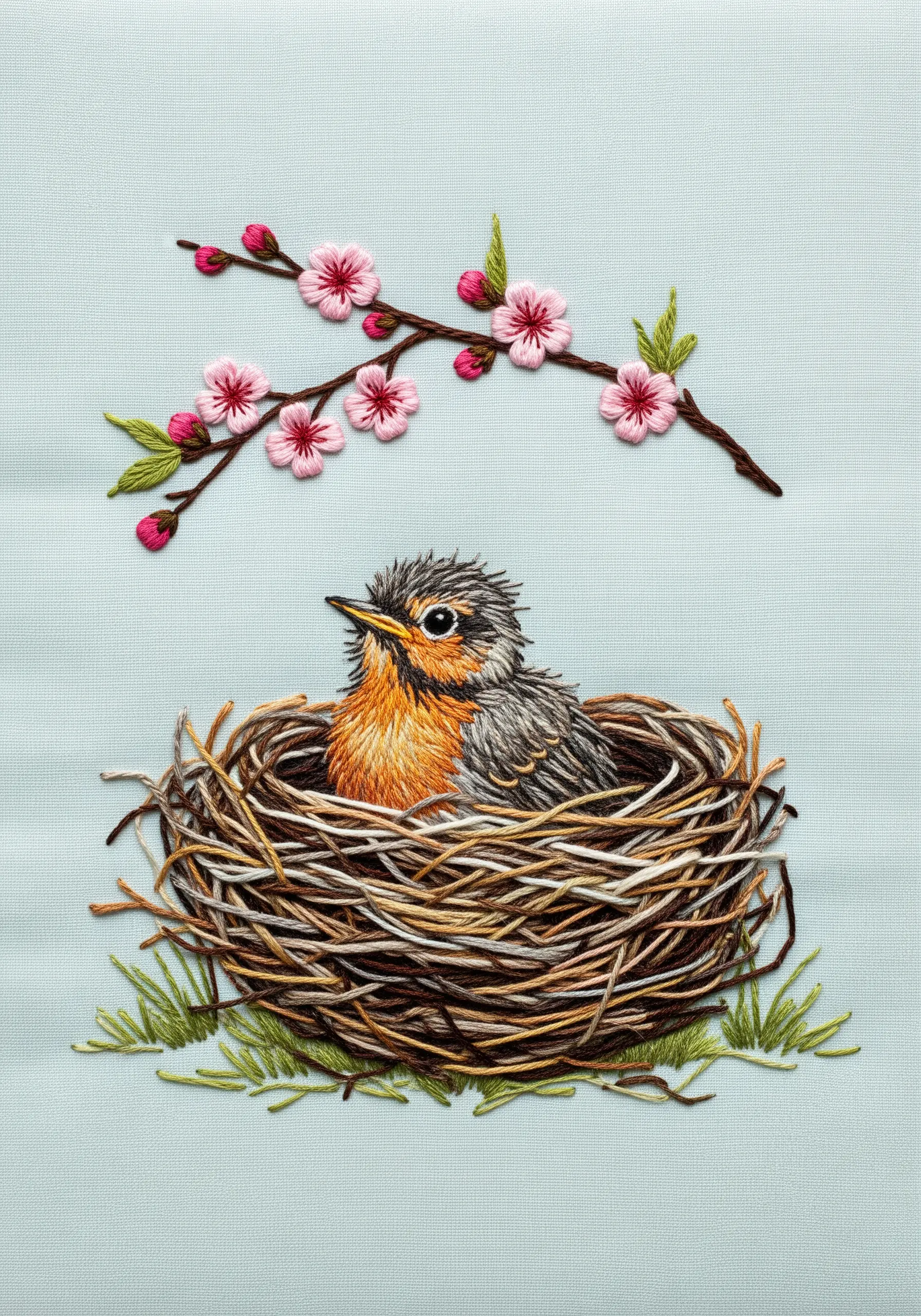 A baby bird in a nest embroidered with varied threads for a realistic texture.
