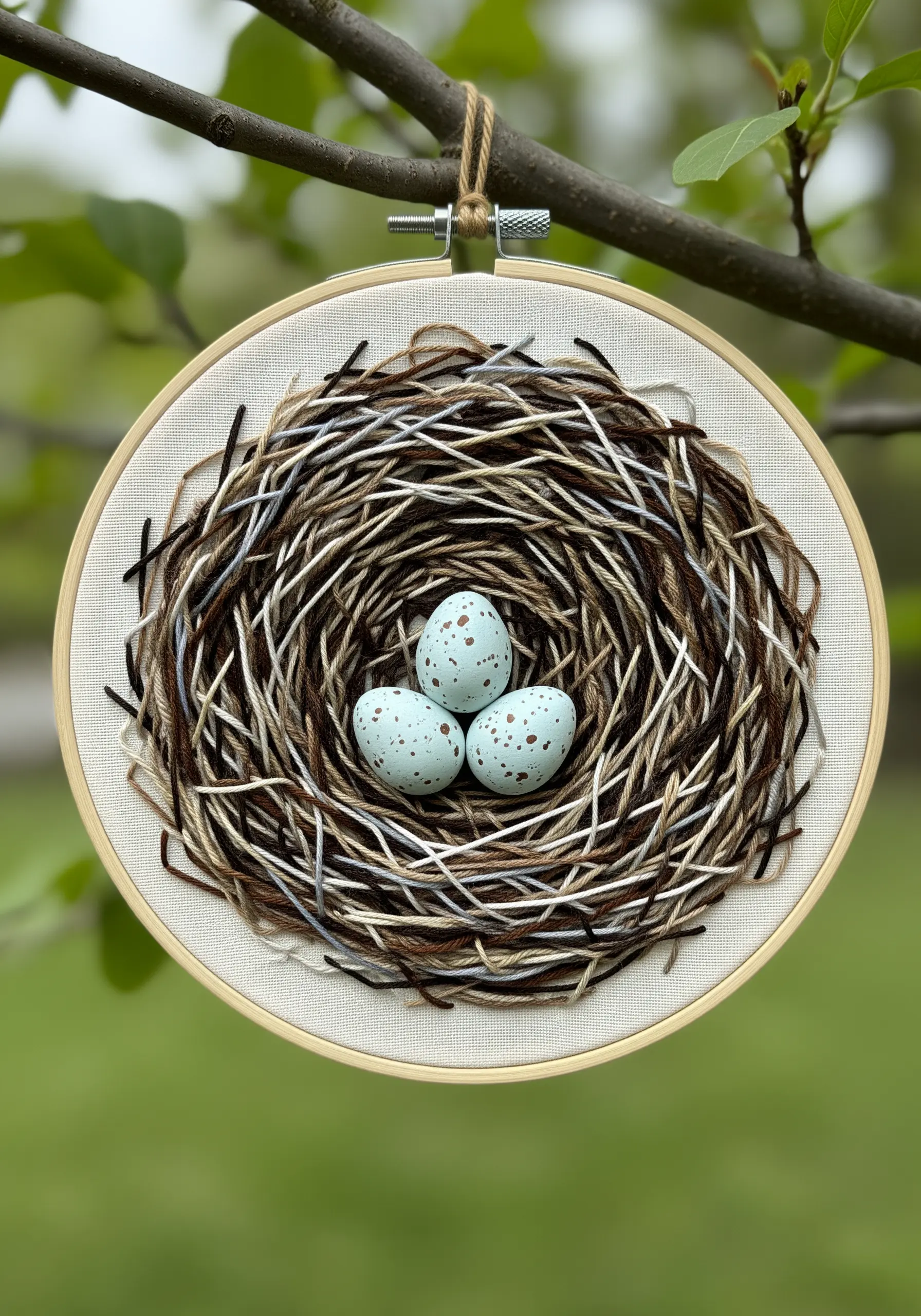 A realistic embroidered bird's nest with layered brown threads and three blue speckled eggs.