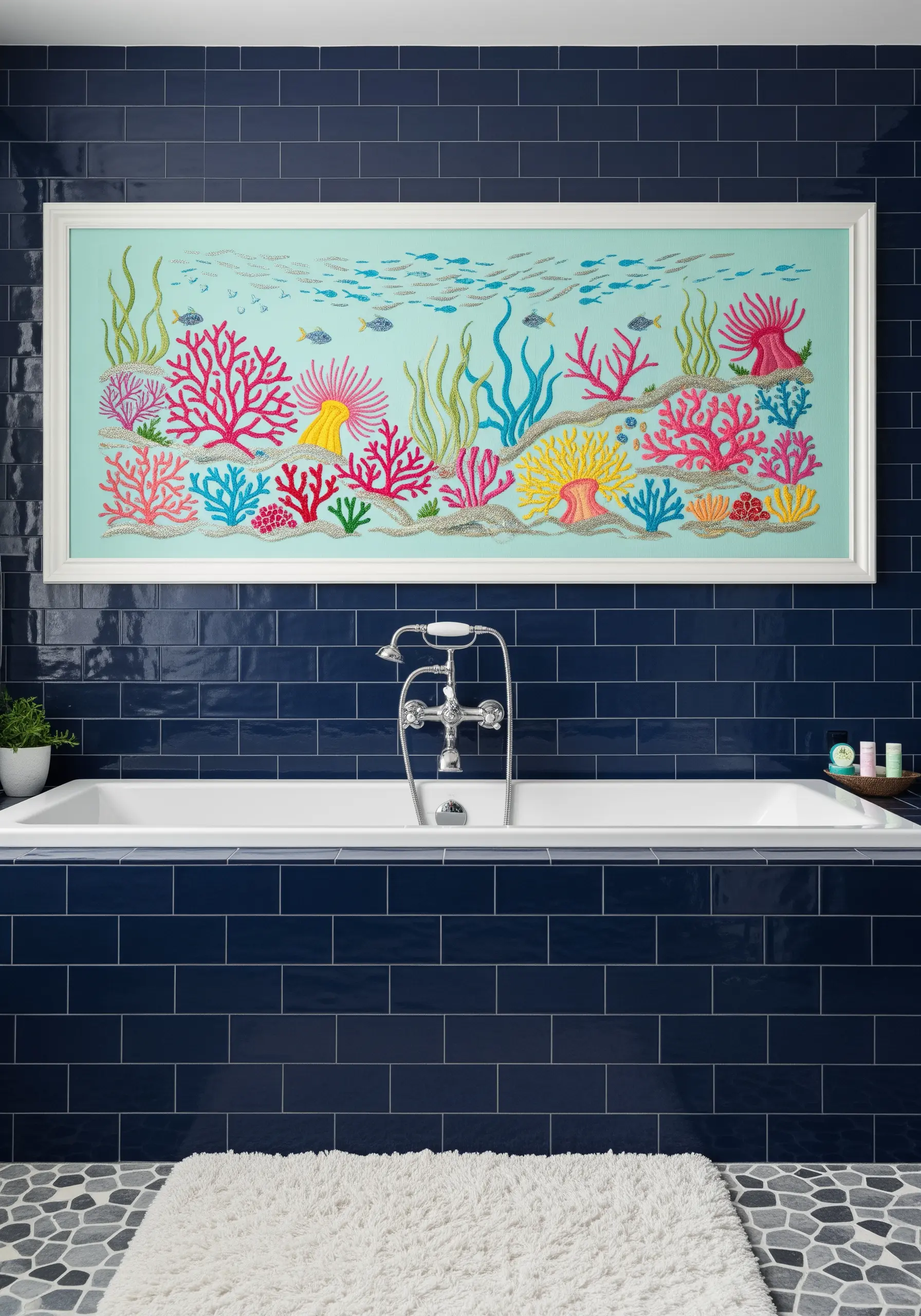 A colorful embroidered coral reef scene with various textures, framed above a bathtub.