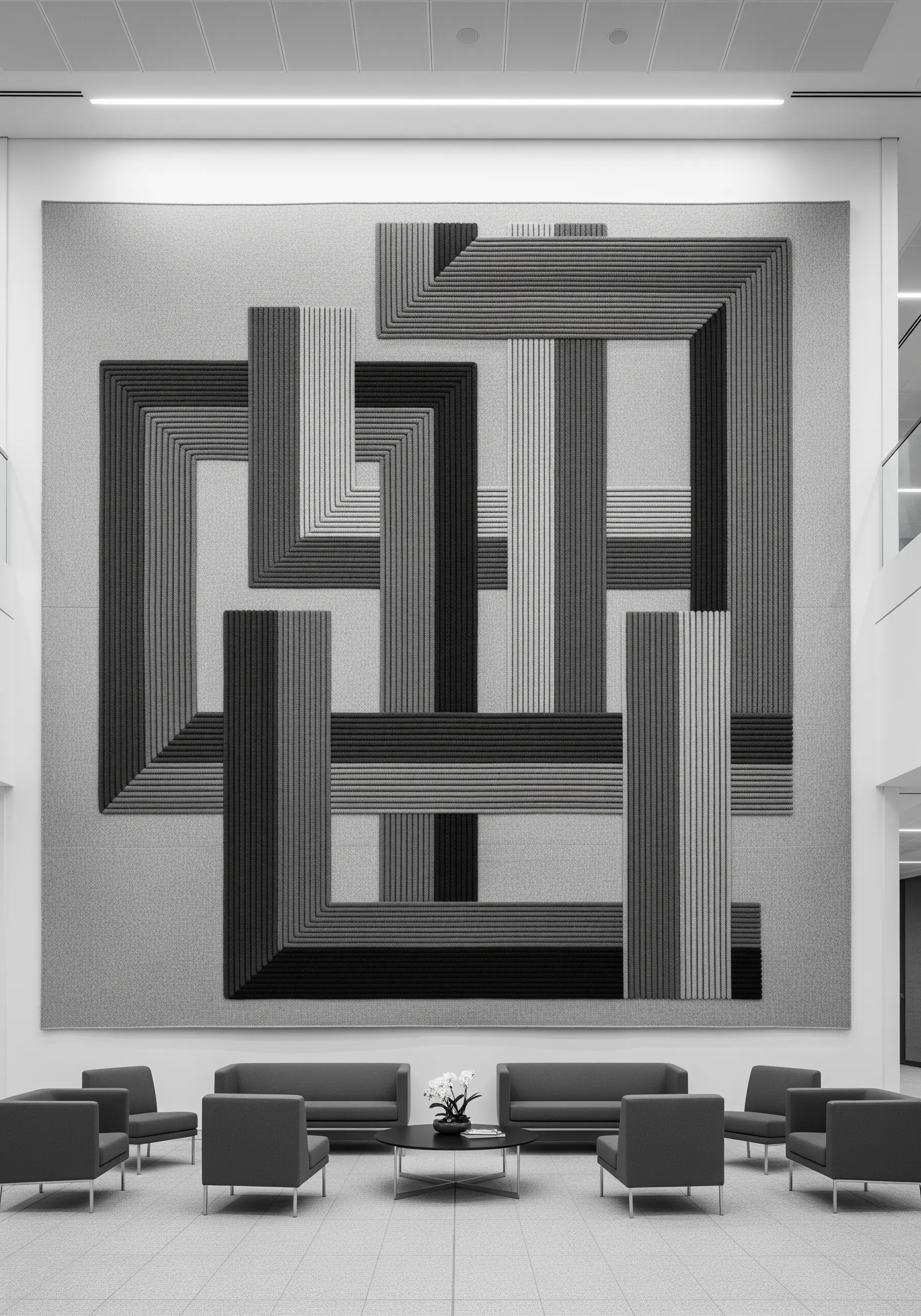 Large geometric wall art with overlapping grey, black, and white satin stitch blocks.