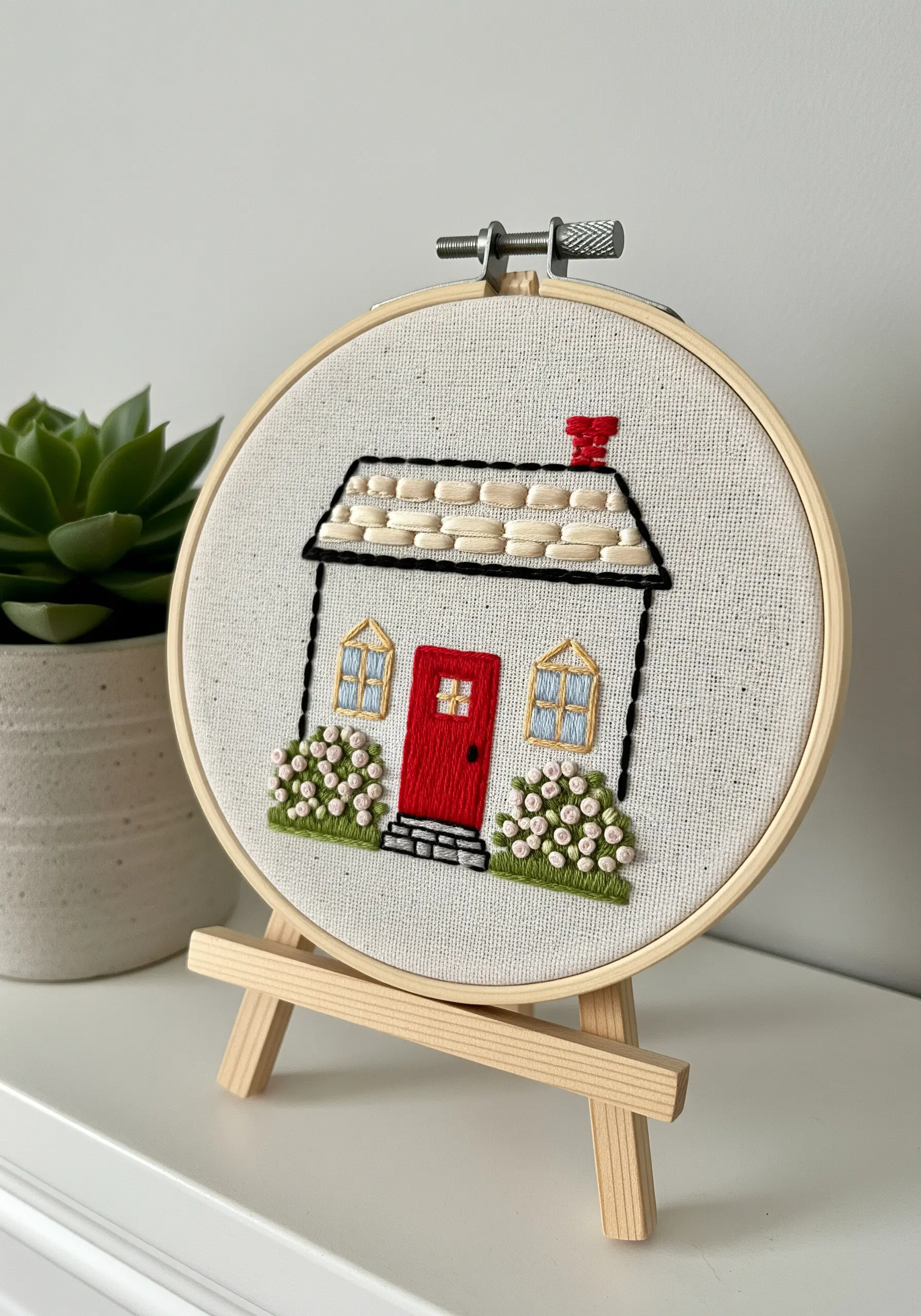 A mini hoop art of a house, using padded satin stitch for the roof and French knots for bushes.