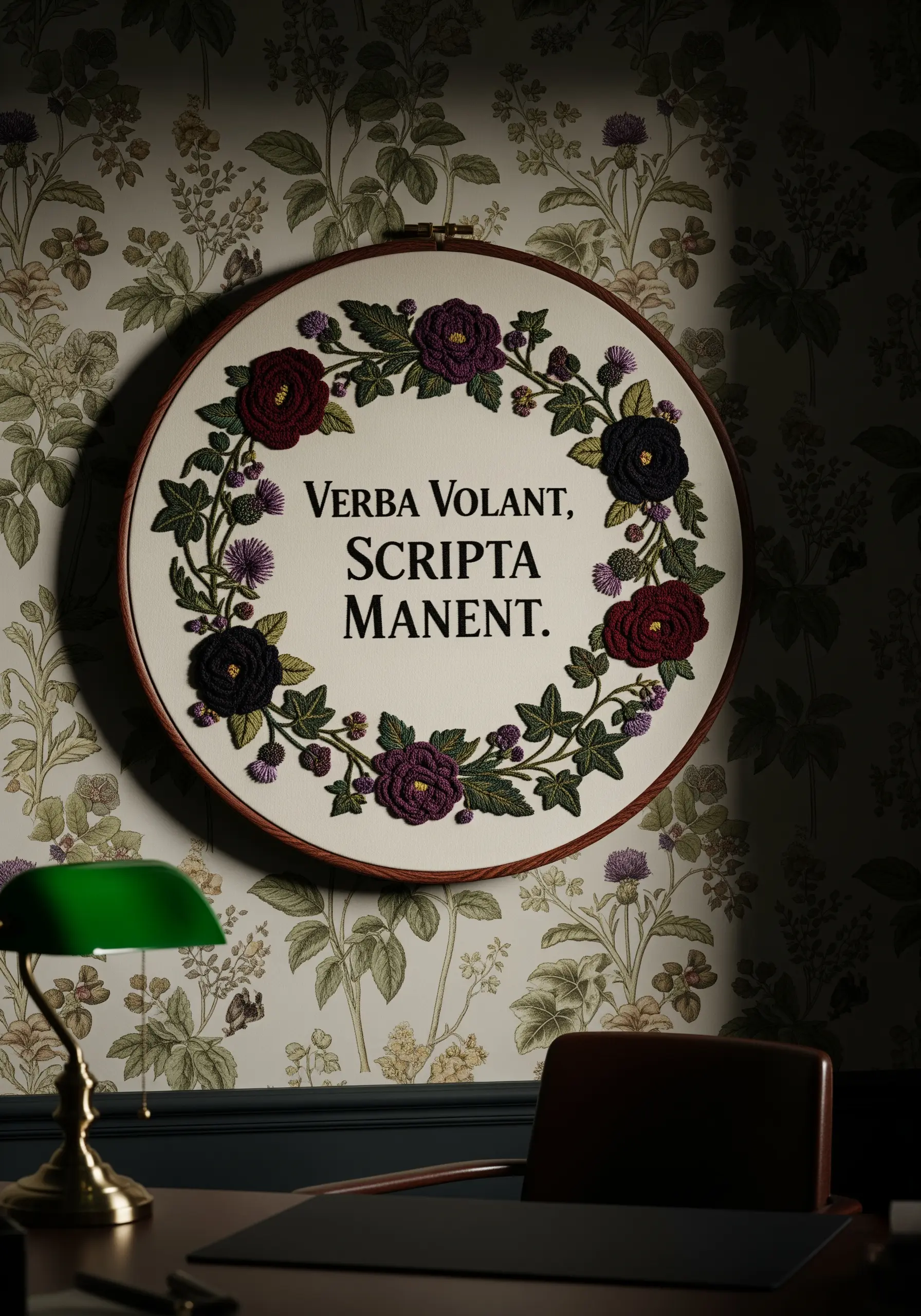 Embroidery with a moody floral wreath of dark red and purple roses.