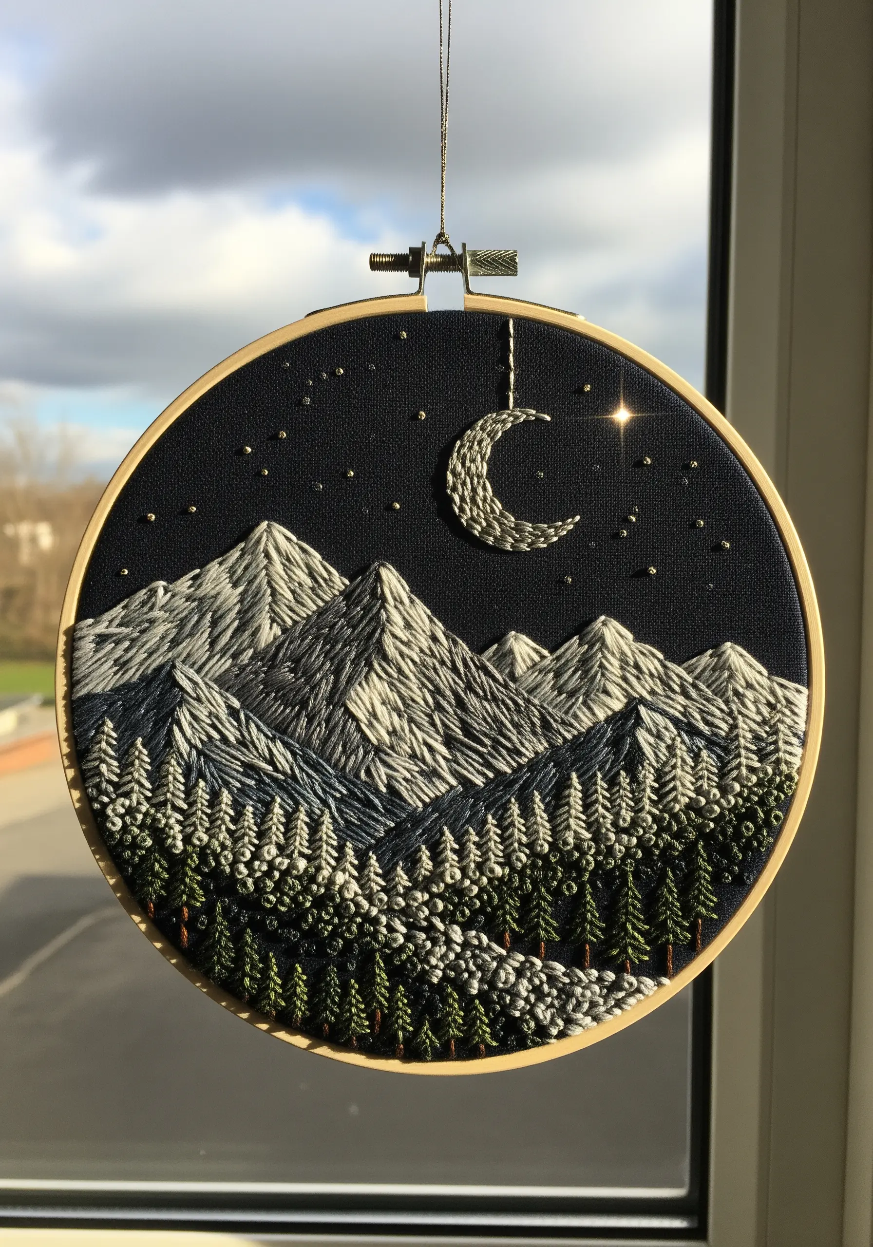 Embroidered mountain landscape at night with a crescent moon and dense forest.