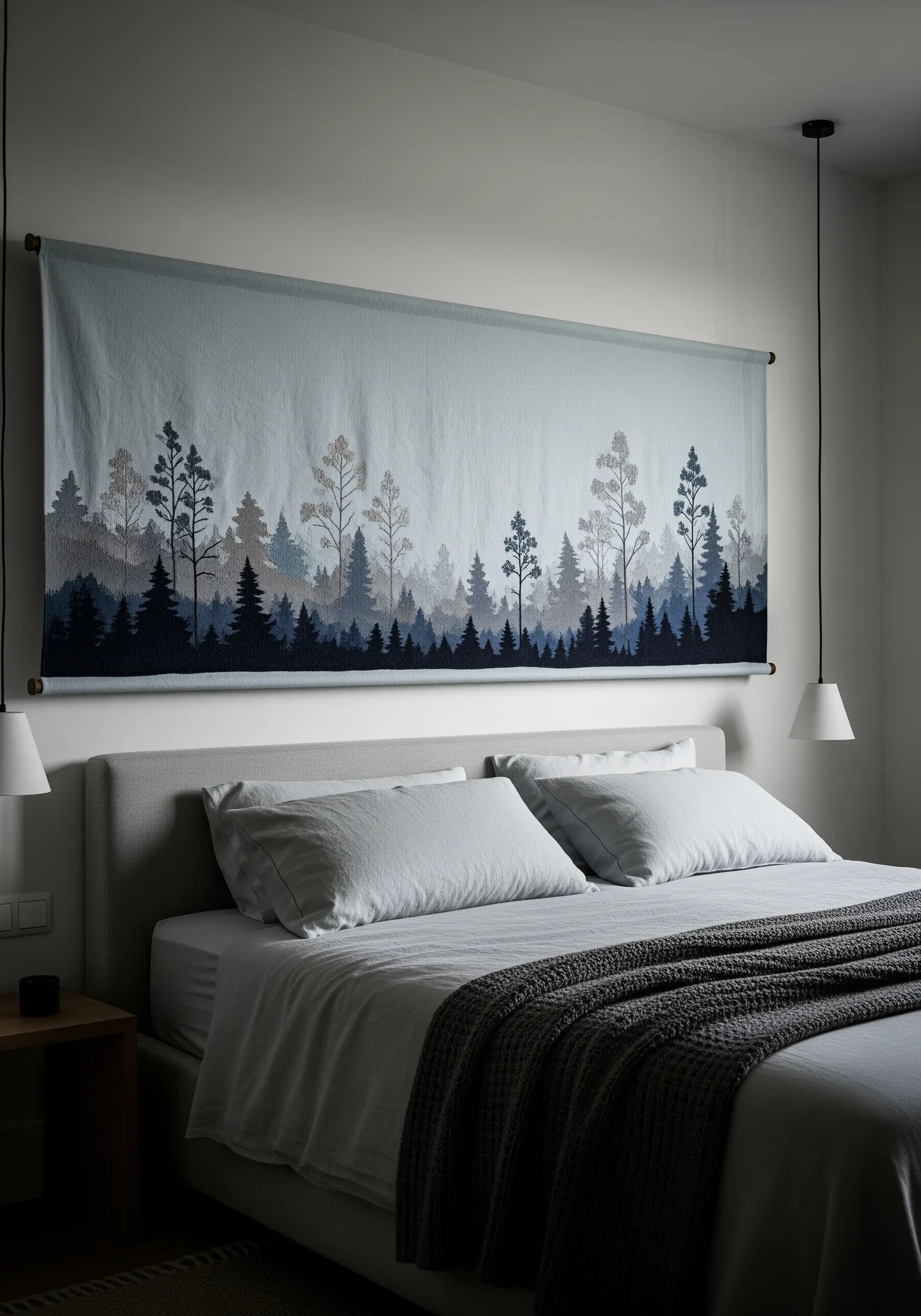 A large embroidered forest tapestry with layers of trees in muted blues and greys.