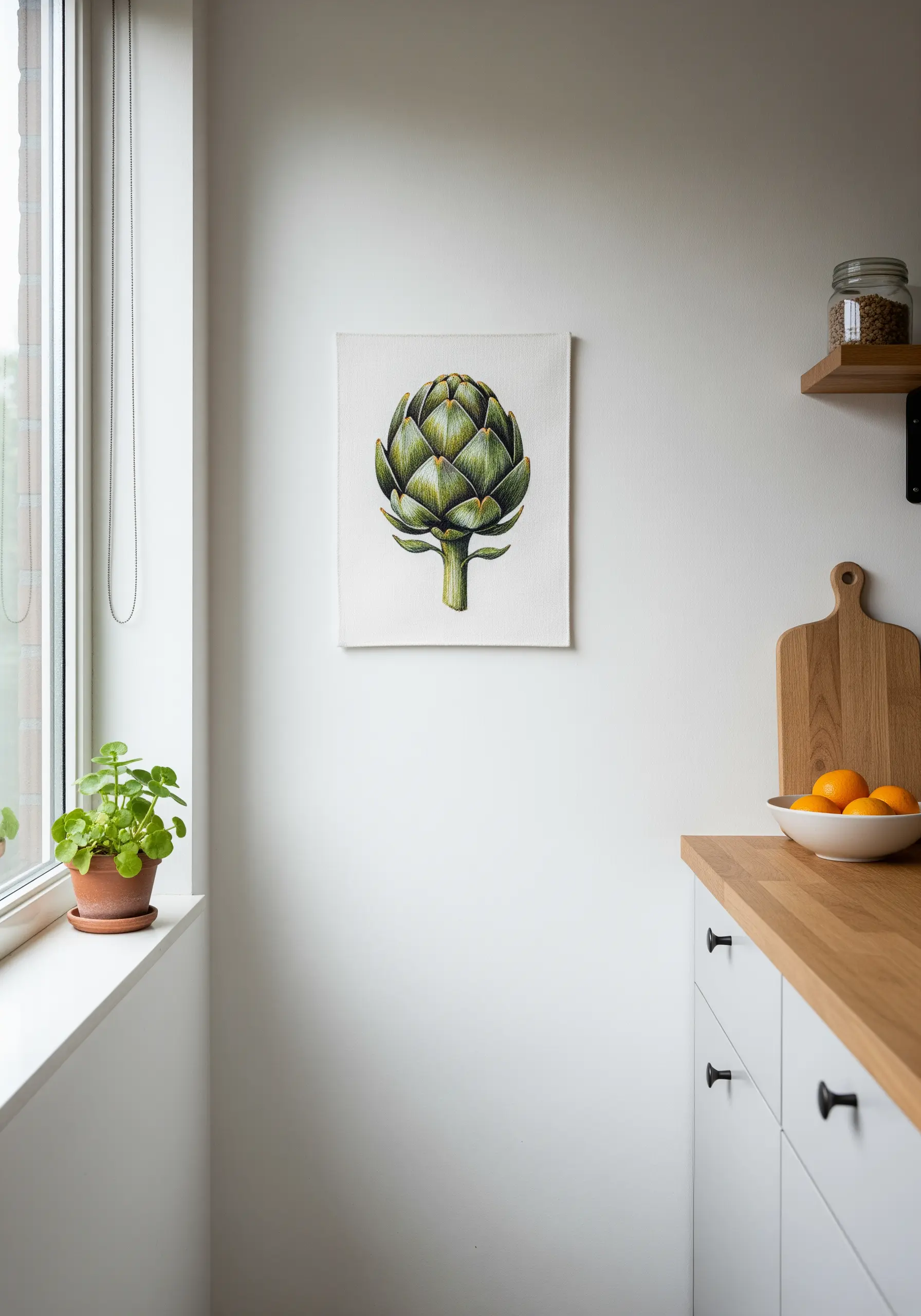 A detailed thread-painted artichoke with layered green and yellow stitches.