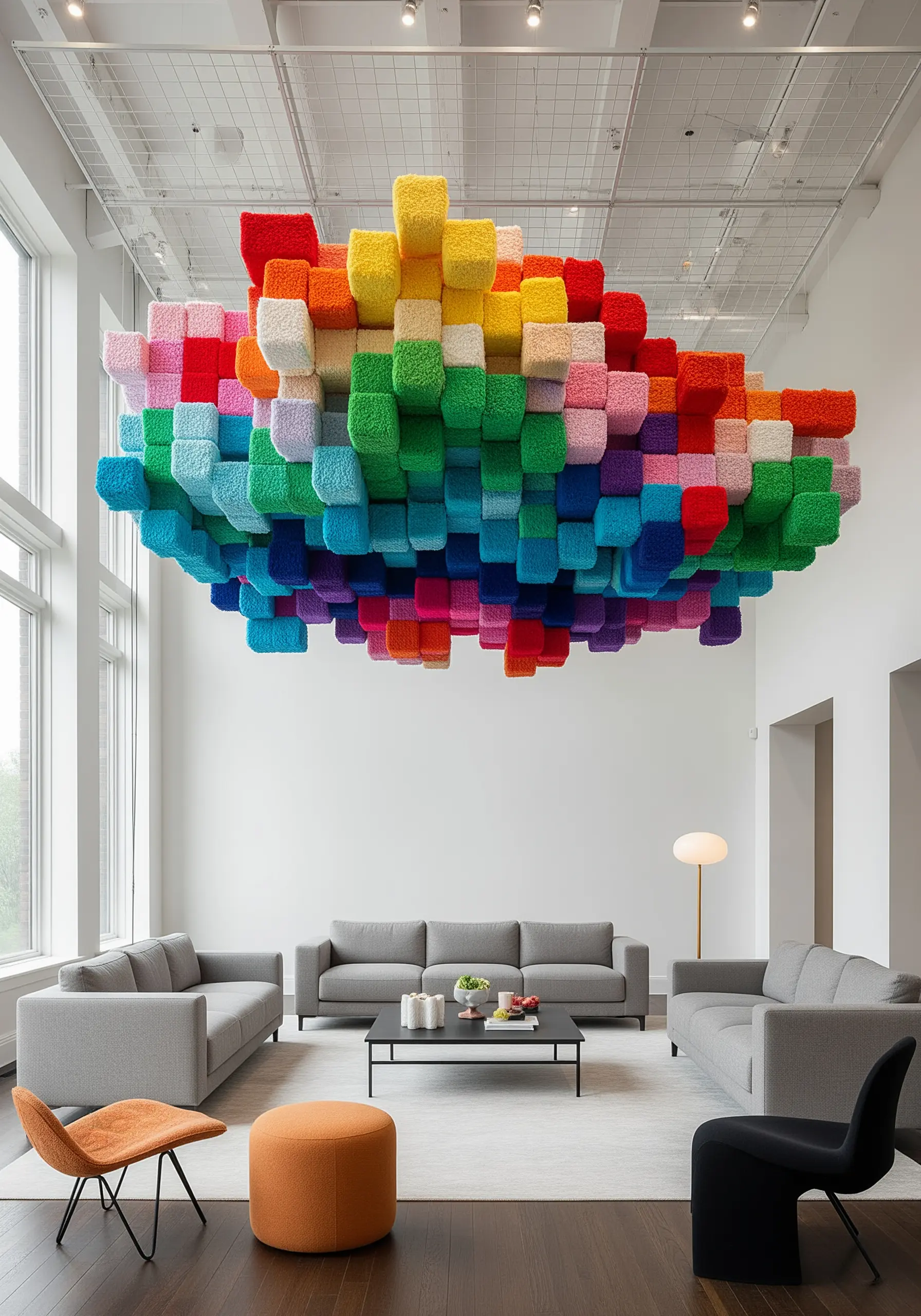 A hanging cloud-like sculpture made of hundreds of colorful, yarn-wrapped cubes in a rainbow gradient.