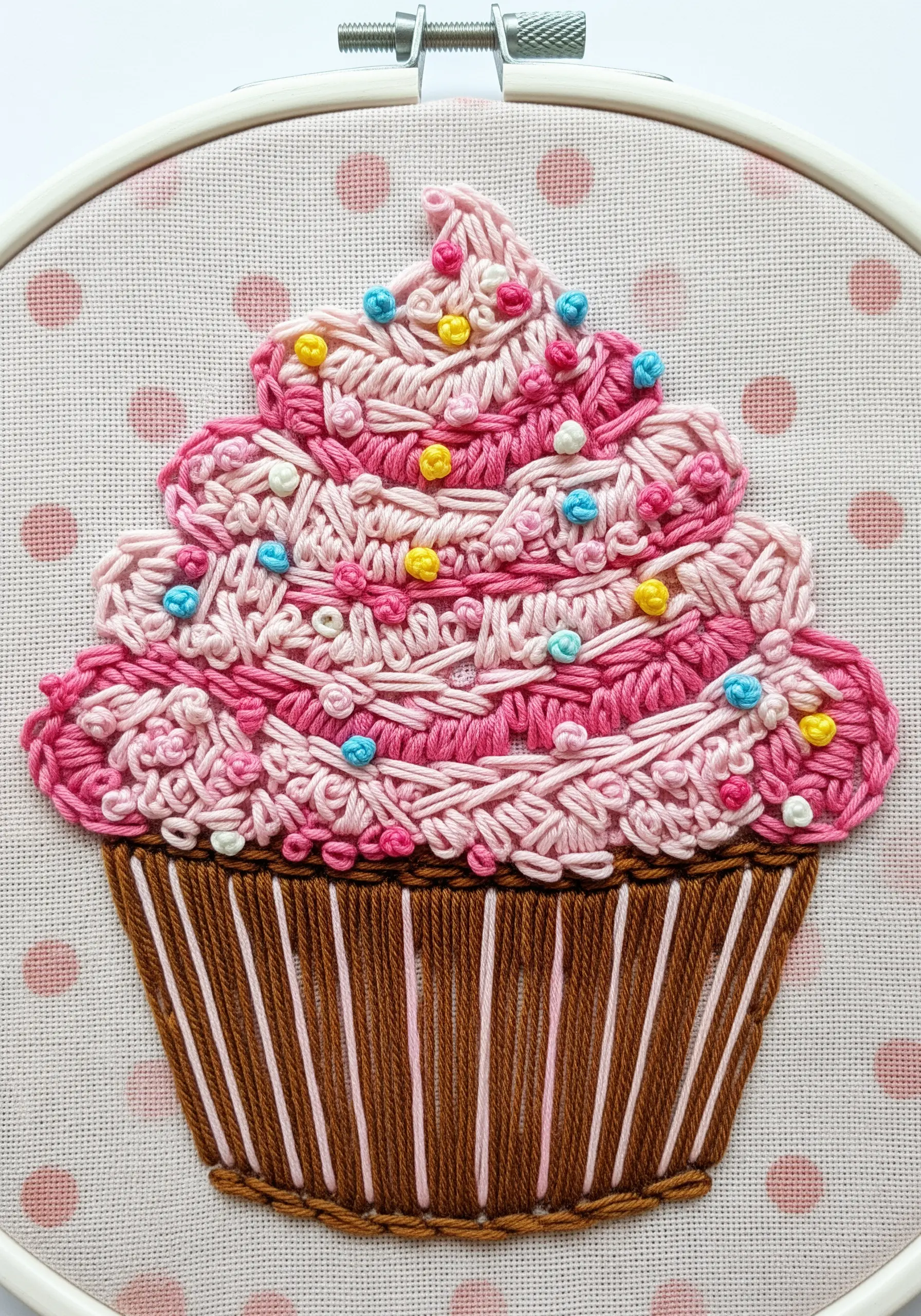 A highly textured embroidered cupcake with bullion knots, French knots, and bead sprinkles.