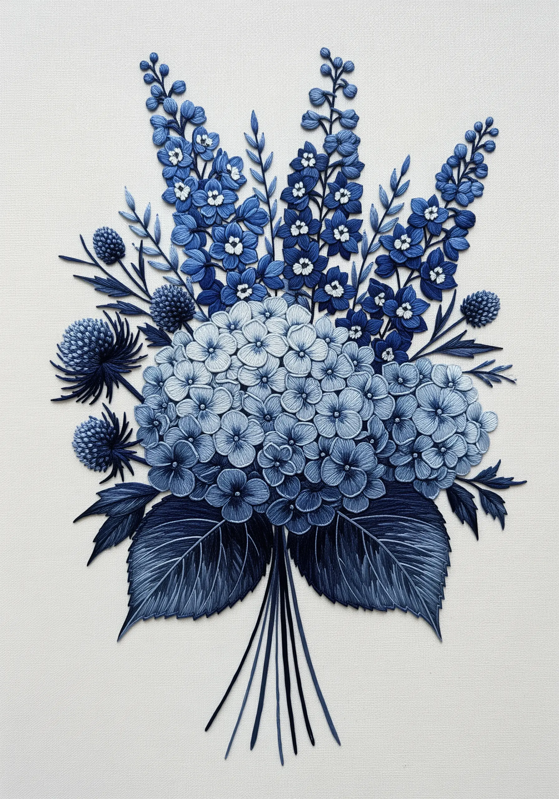 An elegant, monochromatic blue bouquet of hydrangeas and delphiniums on a white background.