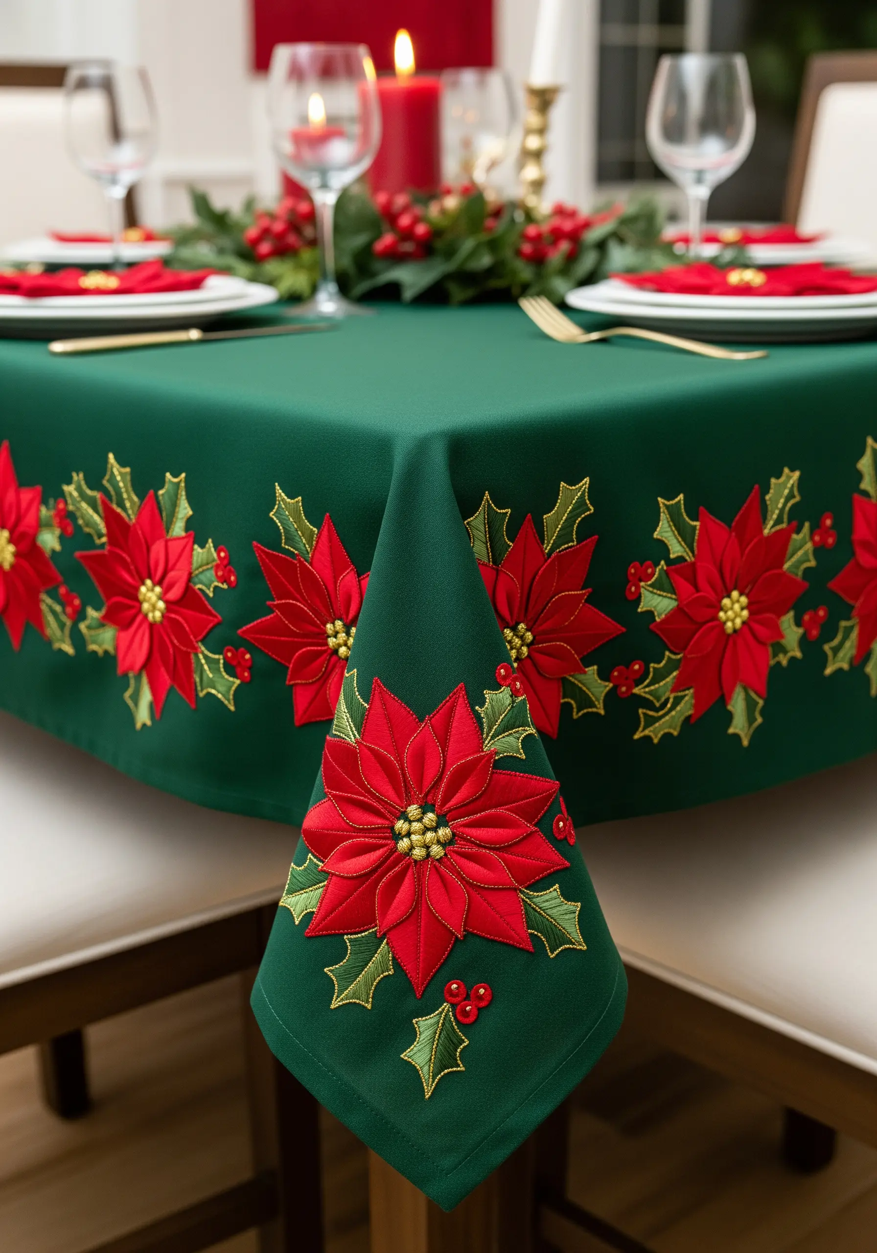 A deep green tablecloth with a festive border of red appliqué poinsettias and embroidered holly.