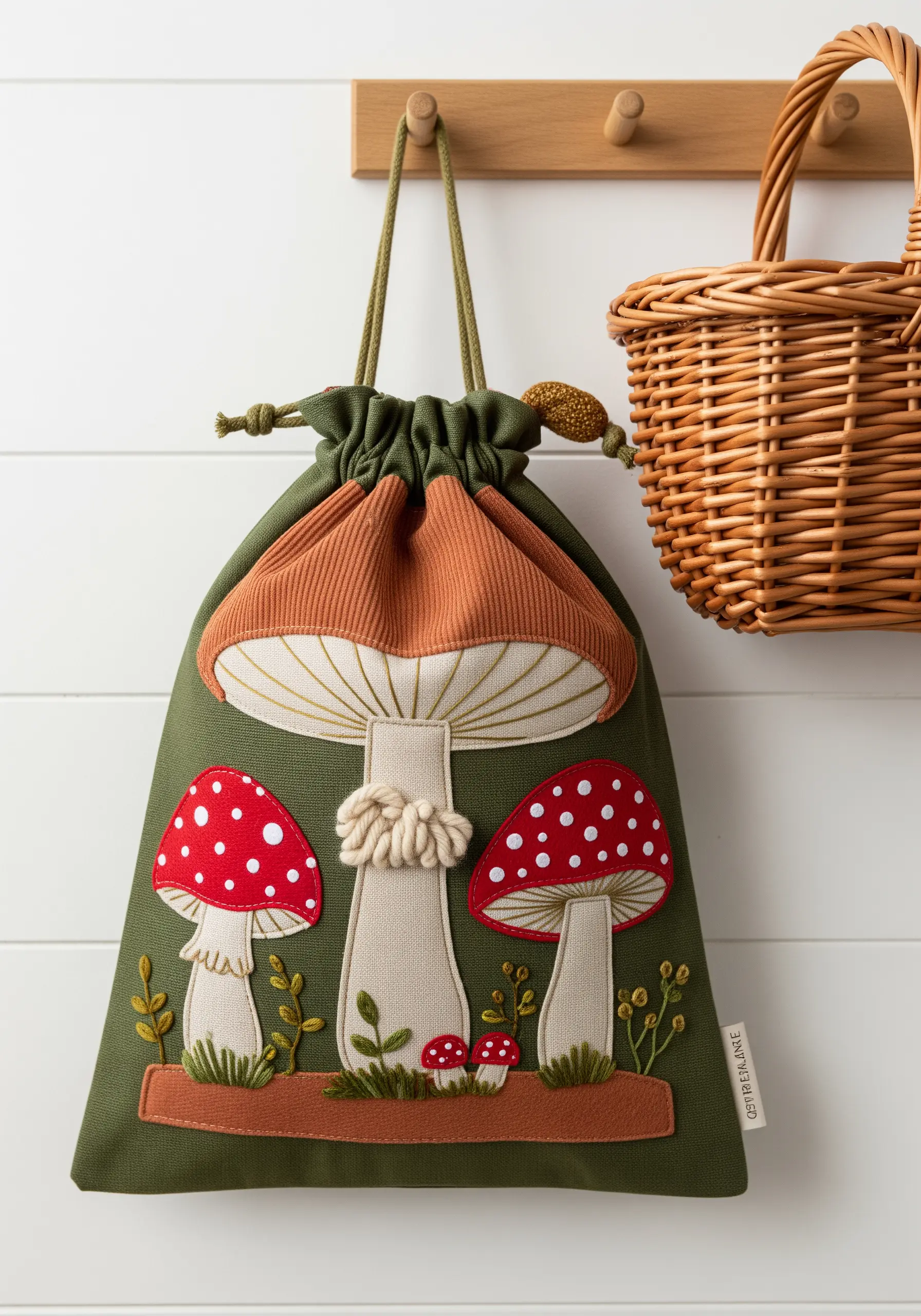 Drawstring bag with corduroy and felt appliqué mushrooms and couched yarn details.