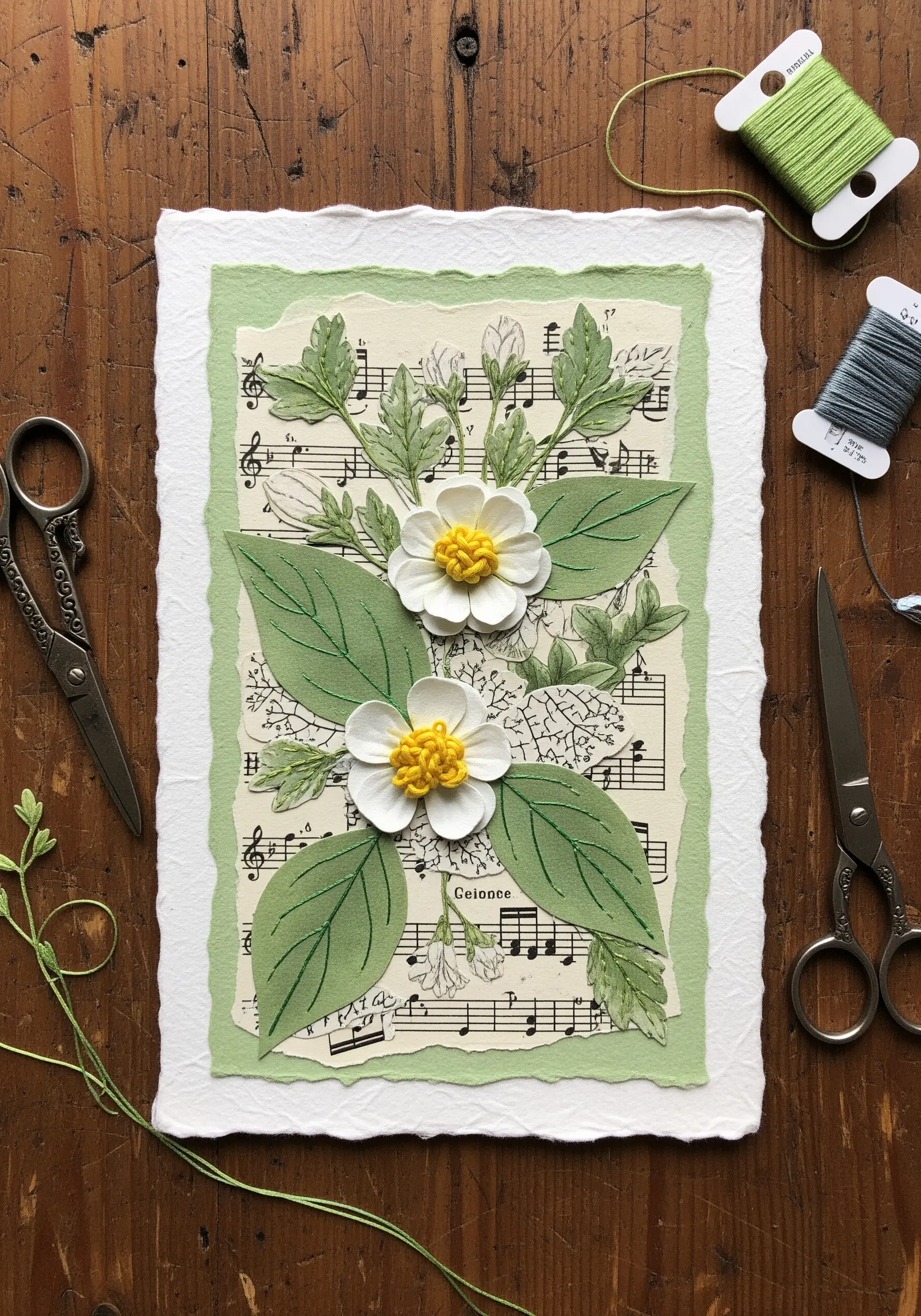 Embroidered 3D paper flowers with French knot centers on a sheet music collage.