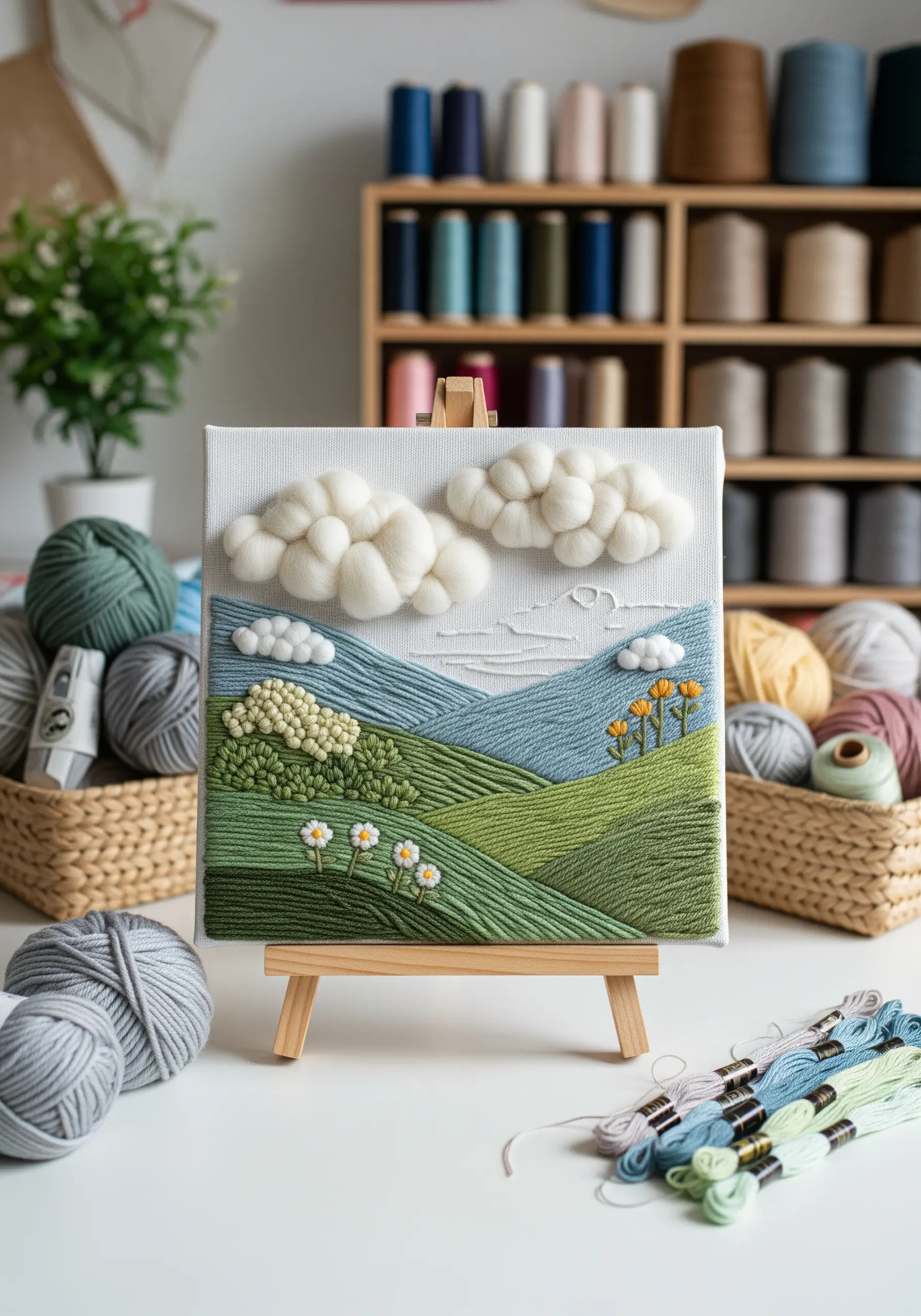 A landscape embroidery on canvas using wool roving for clouds and thread for hills.
