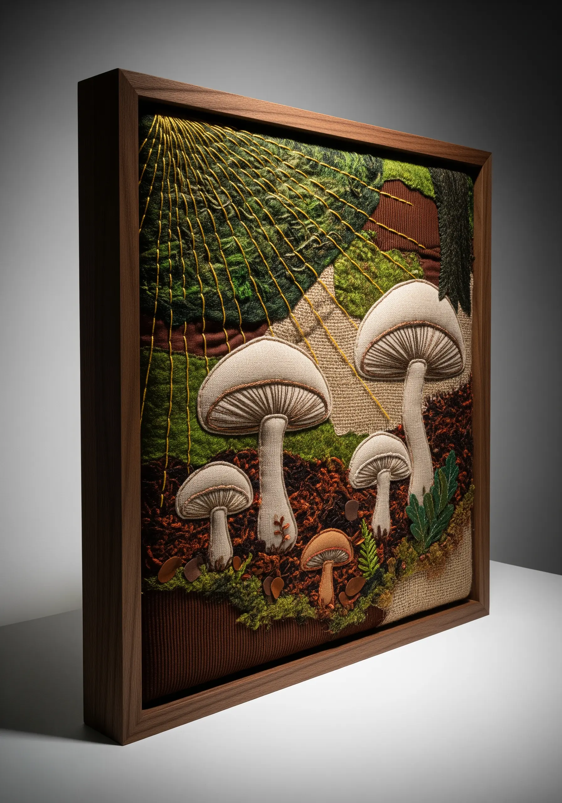 Framed fabric collage of mushrooms with varied textures like burlap and corduroy.