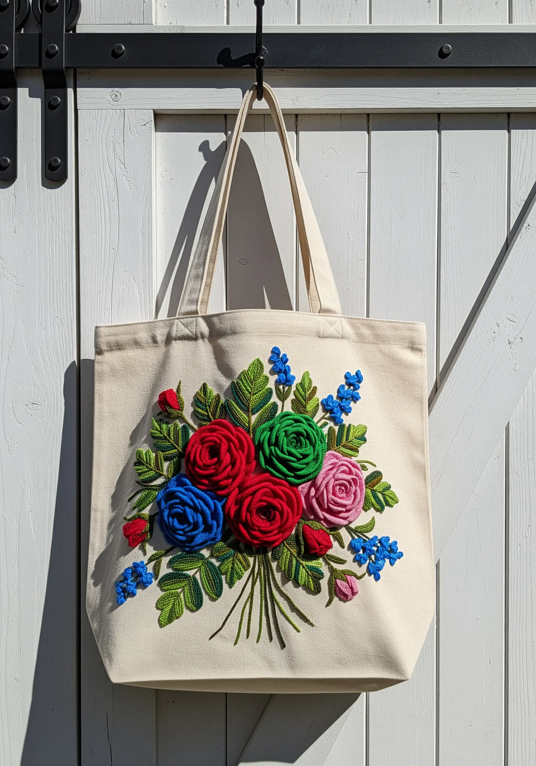 A canvas tote bag adorned with a bouquet of colorful, three-dimensional woven wheel roses.