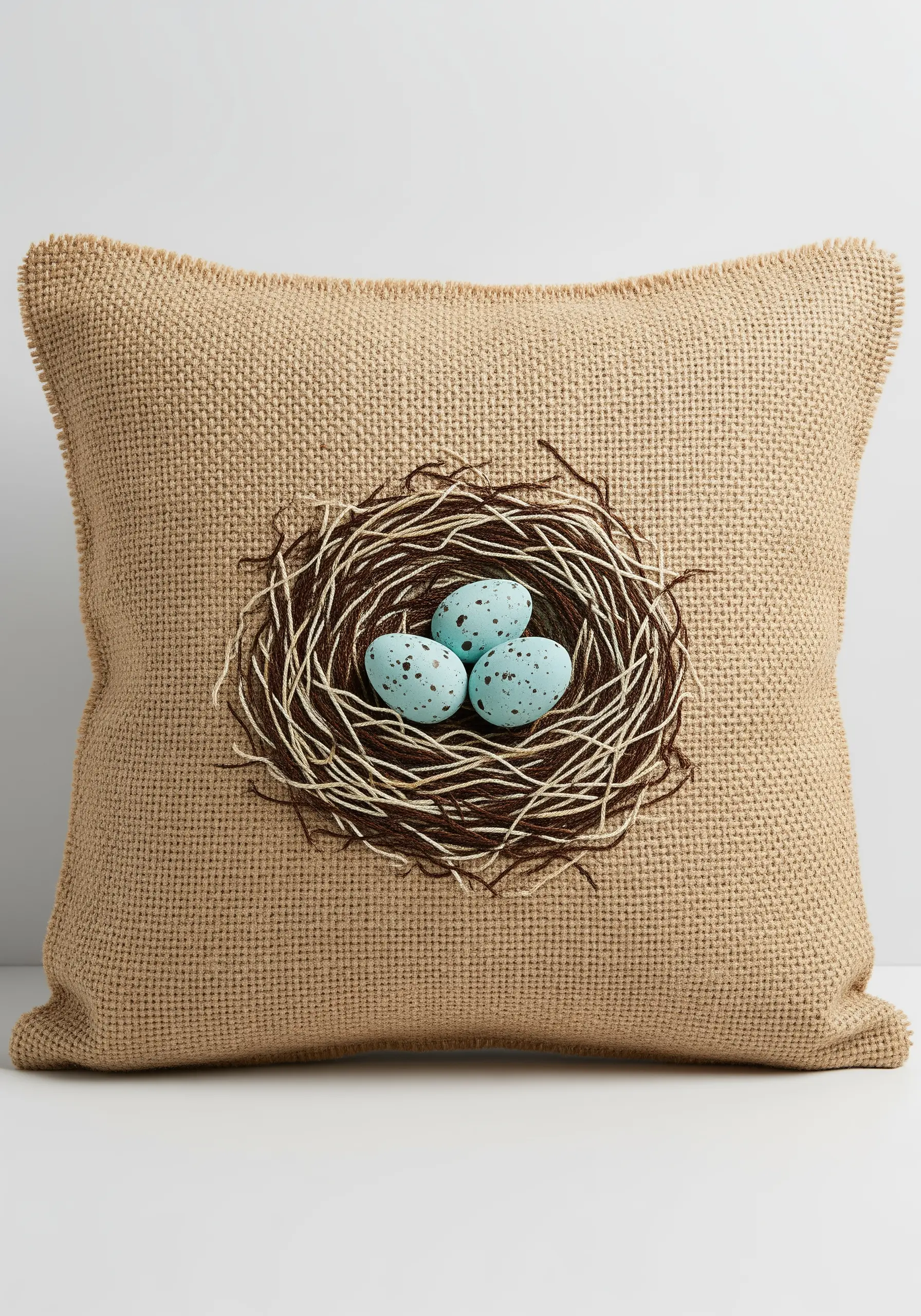 A highly textured bird's nest with three blue eggs, embroidered on a burlap cushion.