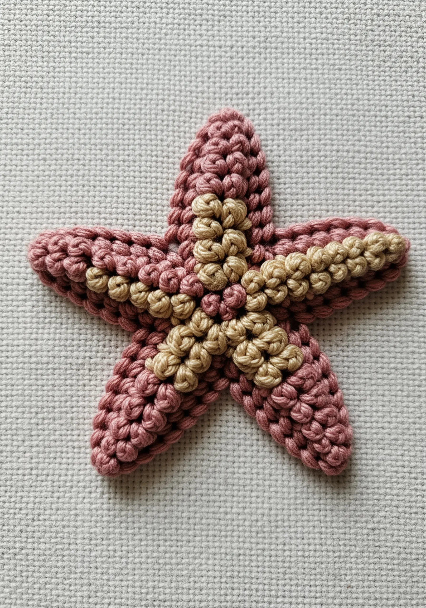 Close-up of a dimensional starfish embroidered with thick, textured knots in pink and gold.