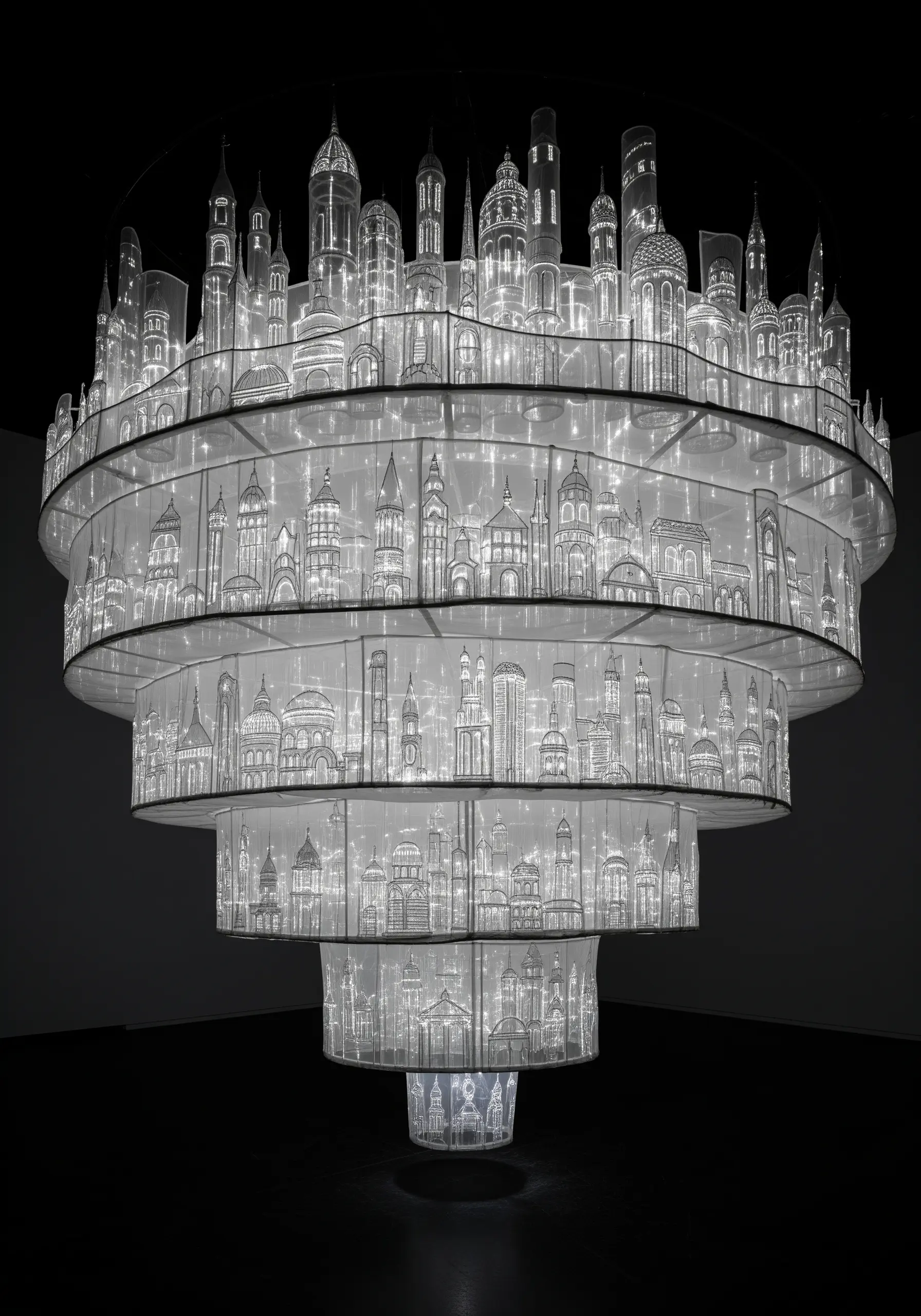 A multi-tiered, illuminated chandelier depicting an intricate city skyline.