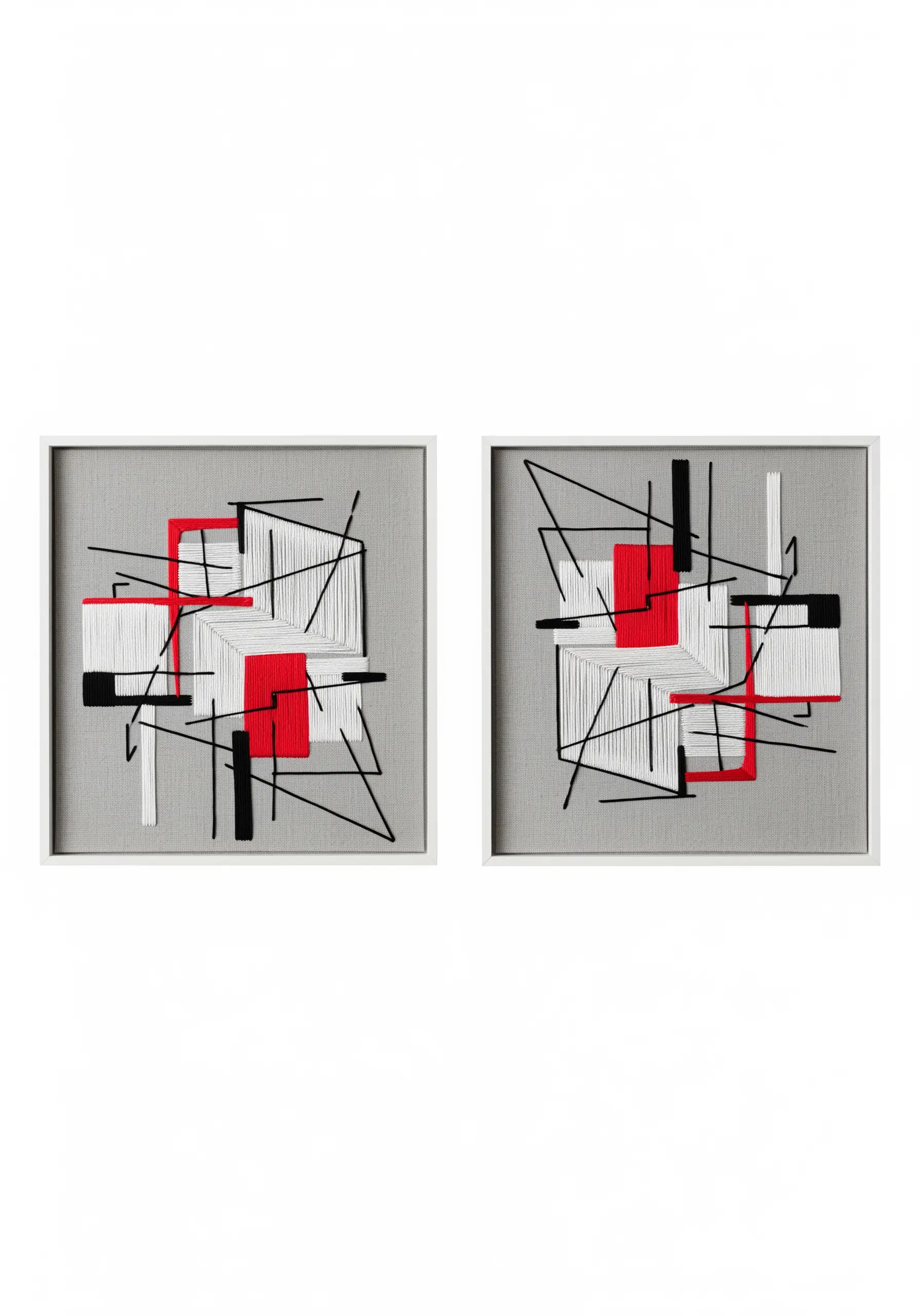 Two framed abstract compositions with layered blocks of satin stitch and intersecting lines.