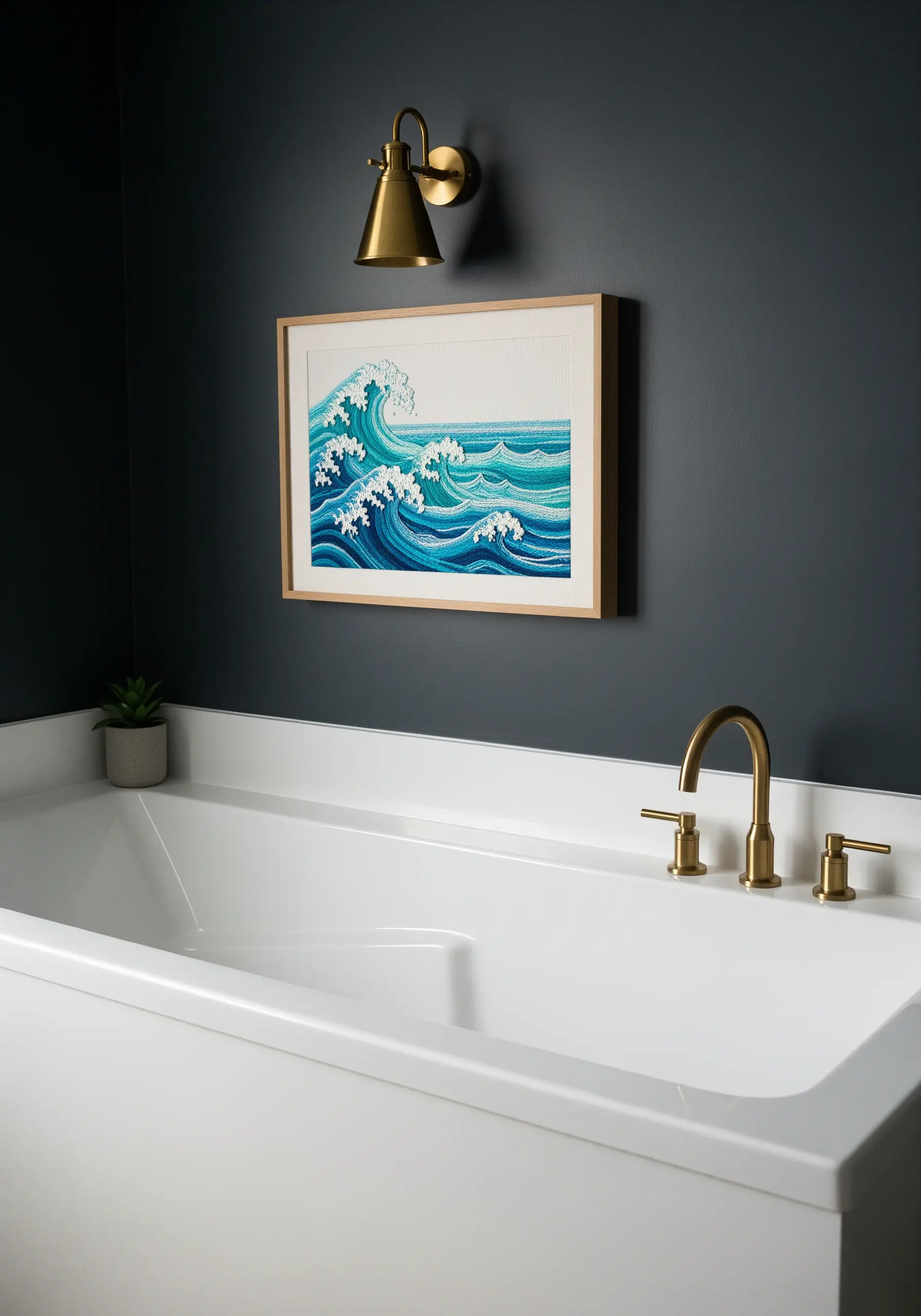 A framed embroidery of a large ocean wave with textured seafoam.