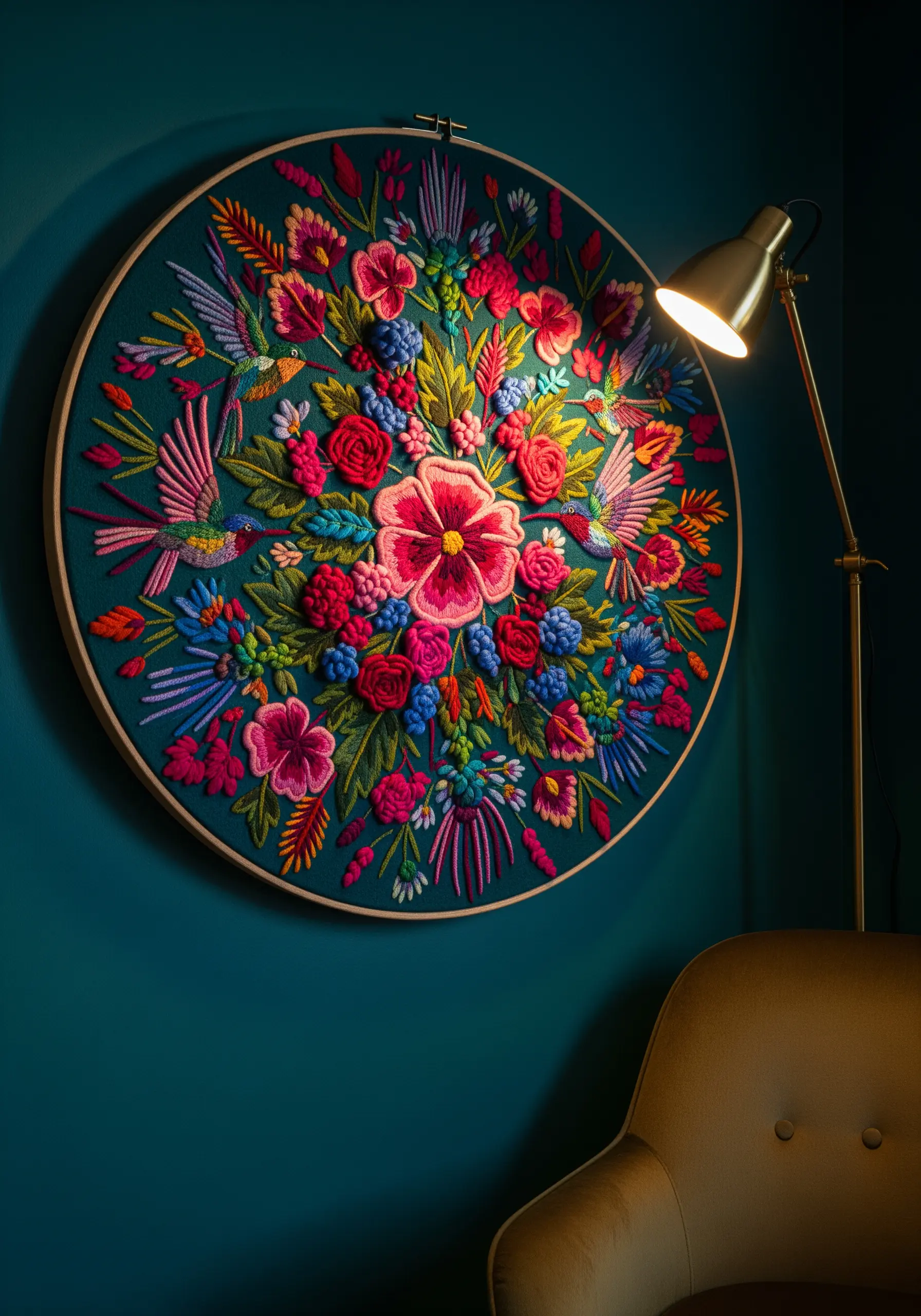 Highly textured and colorful floral embroidery in a large hoop on a dark teal wall.