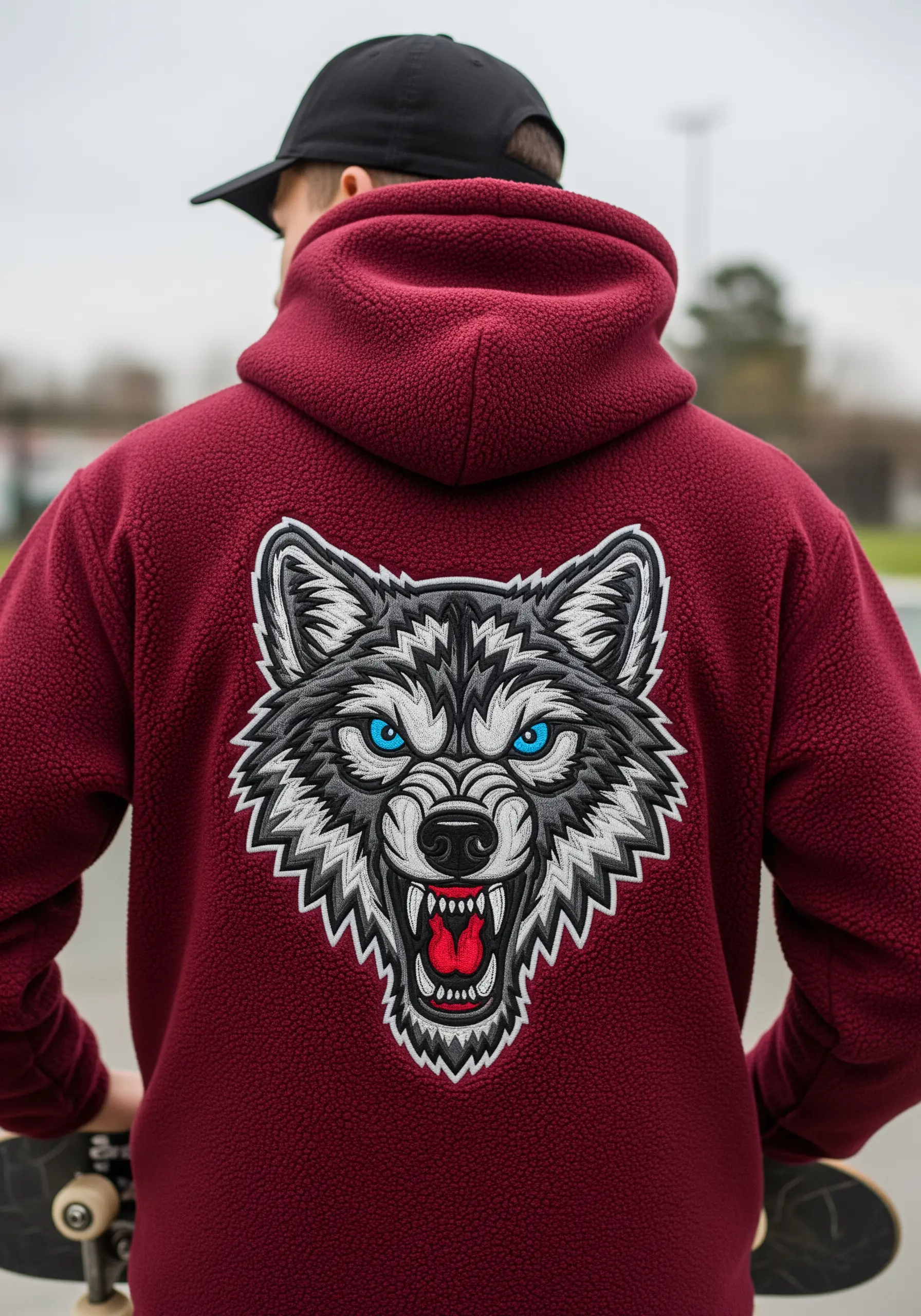 A fierce wolf head with bright blue eyes embroidered on the back of a burgundy sherpa hoodie.