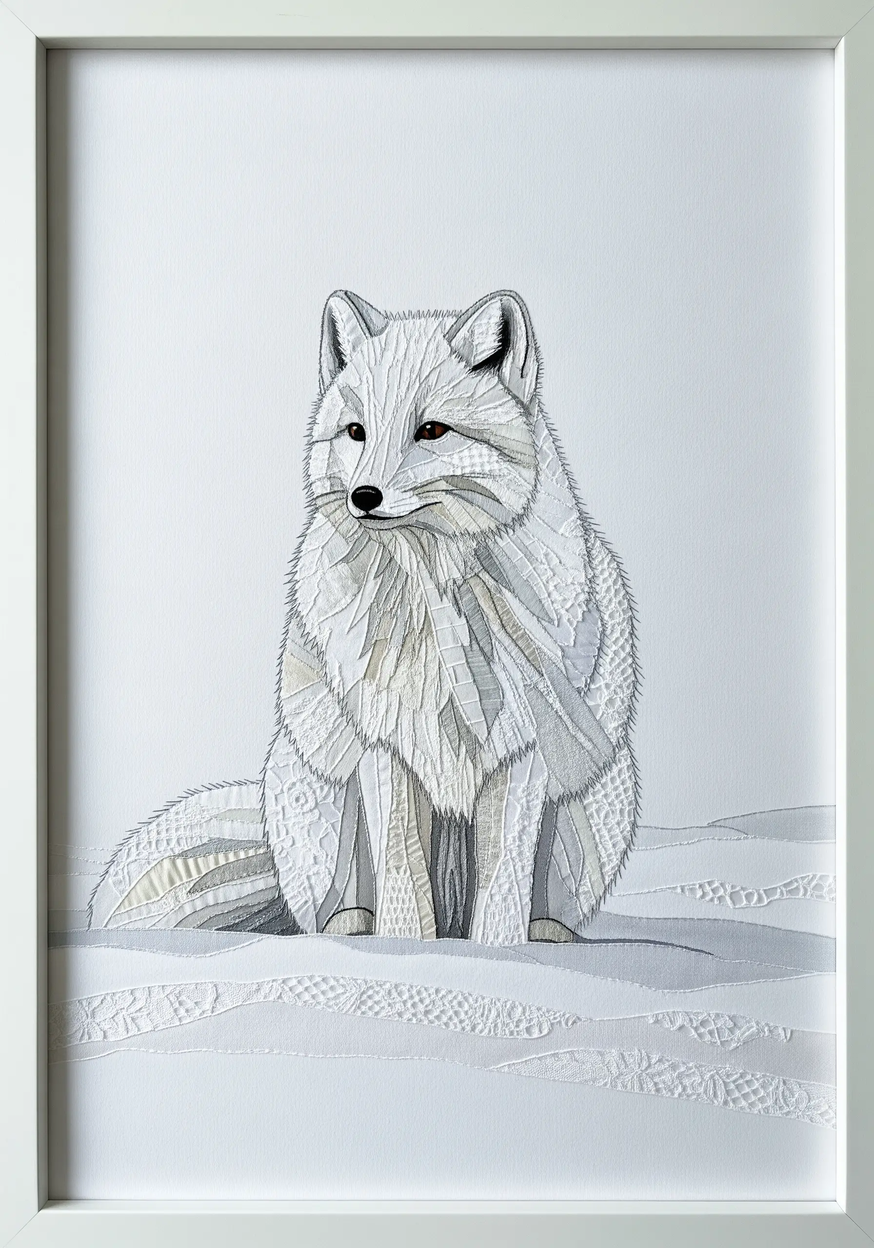 An arctic fox made from a collage of various textured white fabrics like lace and linen.