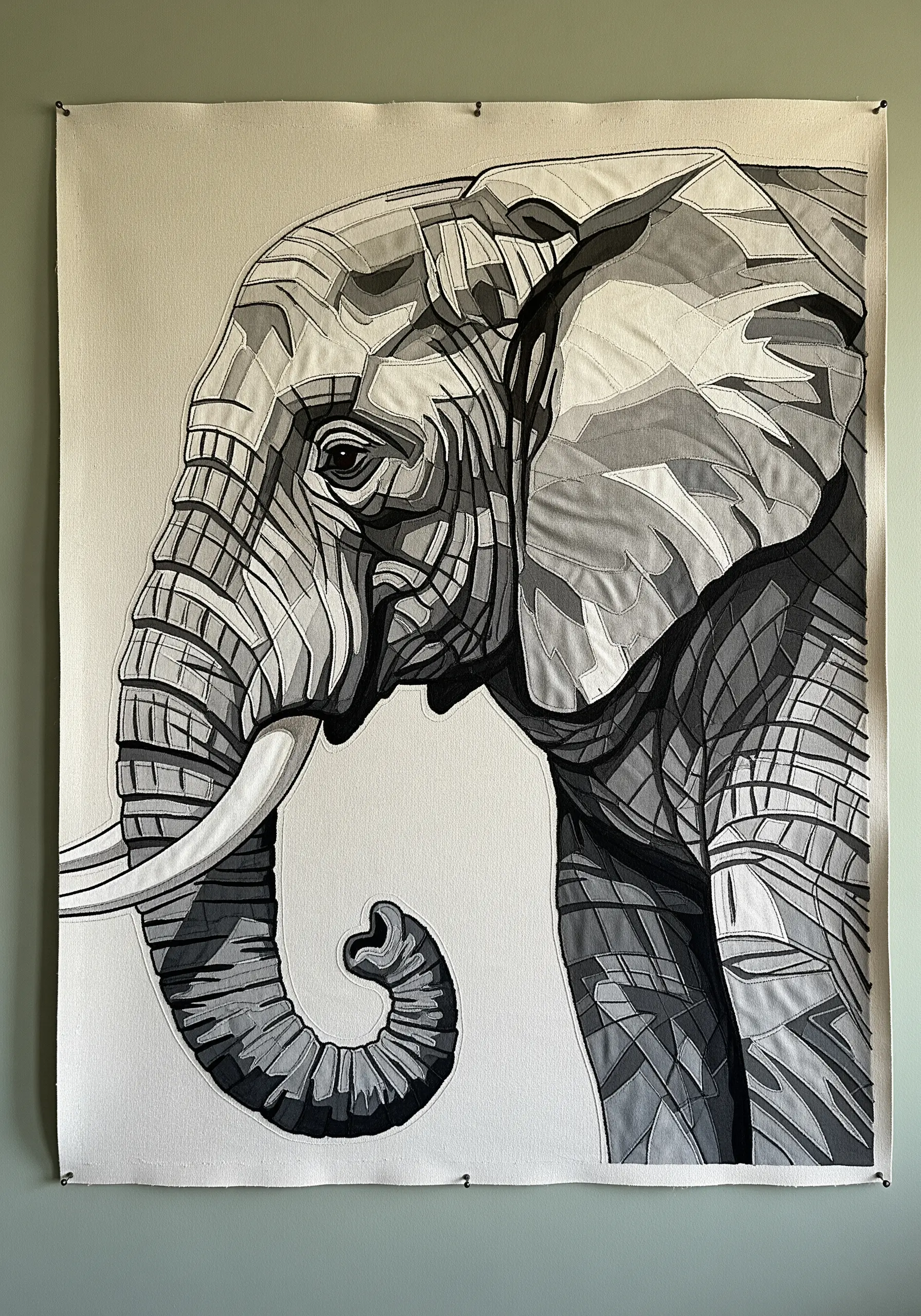 A large, monochromatic elephant portrait made from layered grey fabric collage.