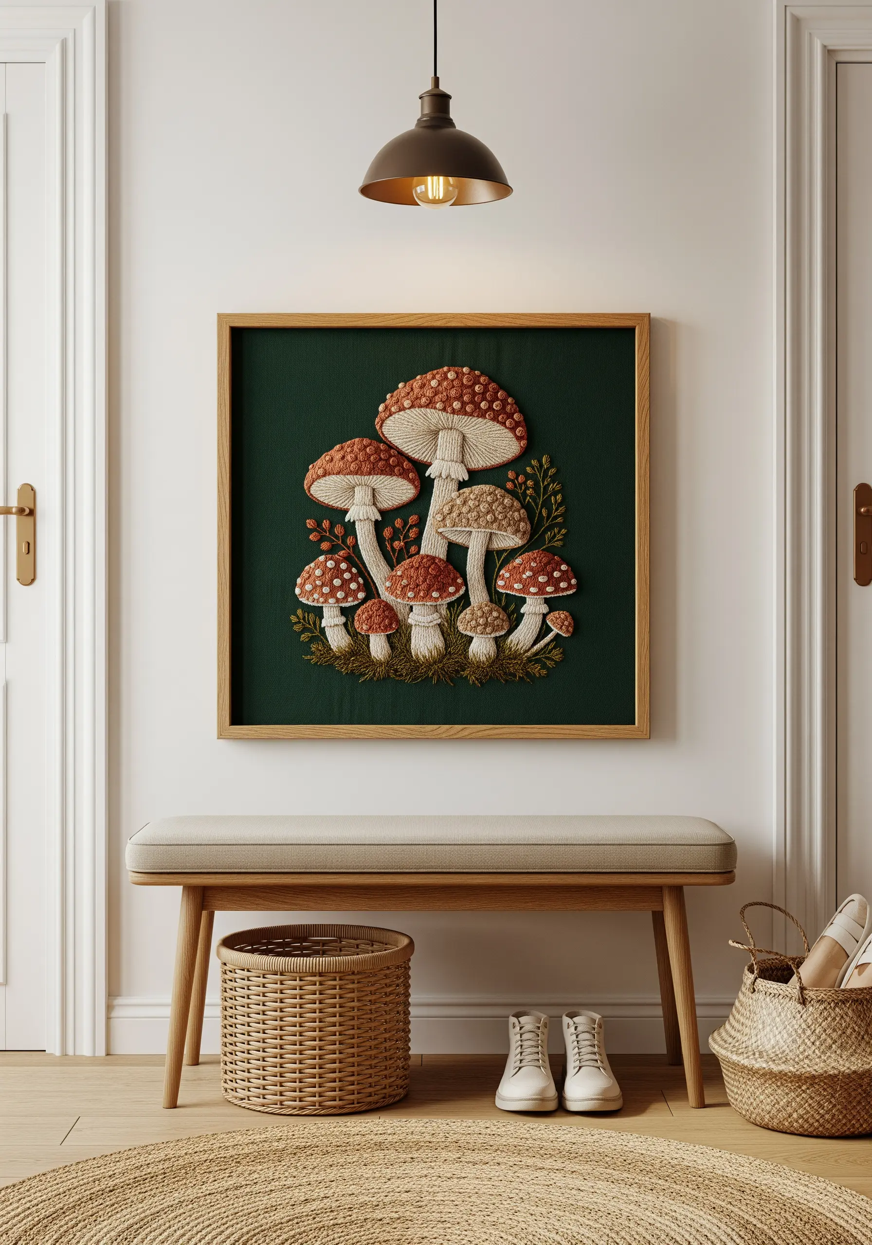 Embroidery of a cluster of toadstool mushrooms with textured caps in a square wood frame.