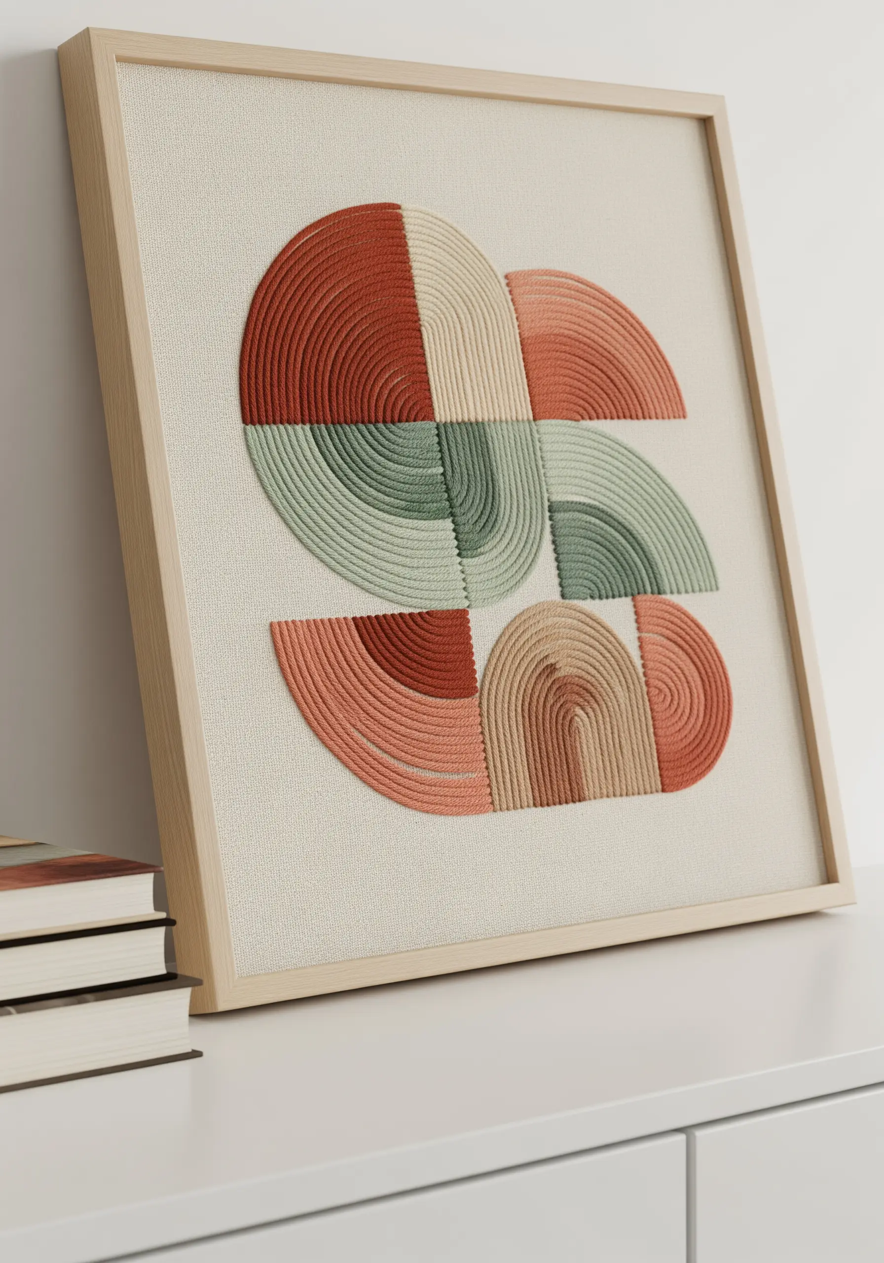 Framed geometric embroidery with curved sections of satin stitch in earthy tones.