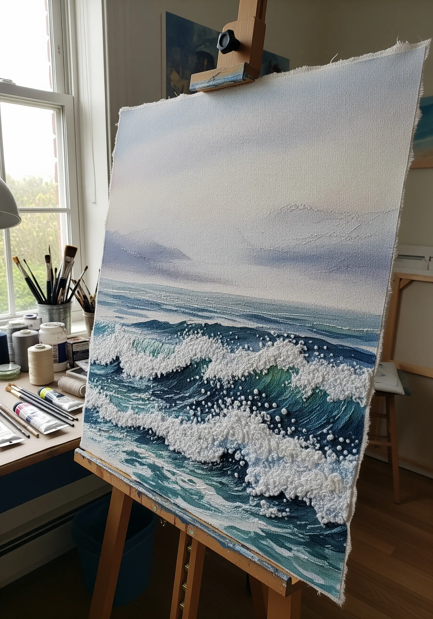 Textured embroidery of crashing ocean waves on easel