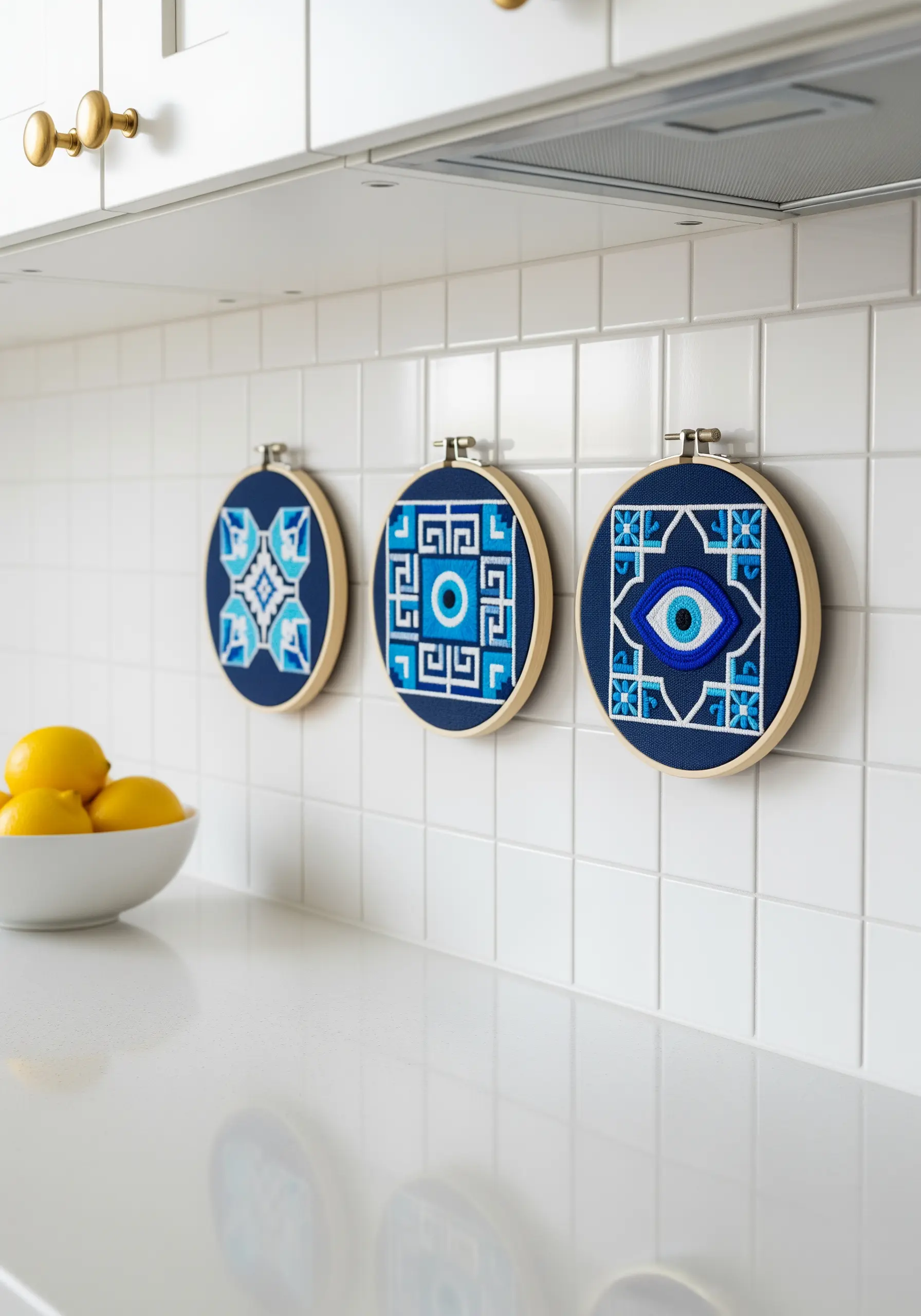 Three embroidery hoops with blue and white evil eye talisman designs.