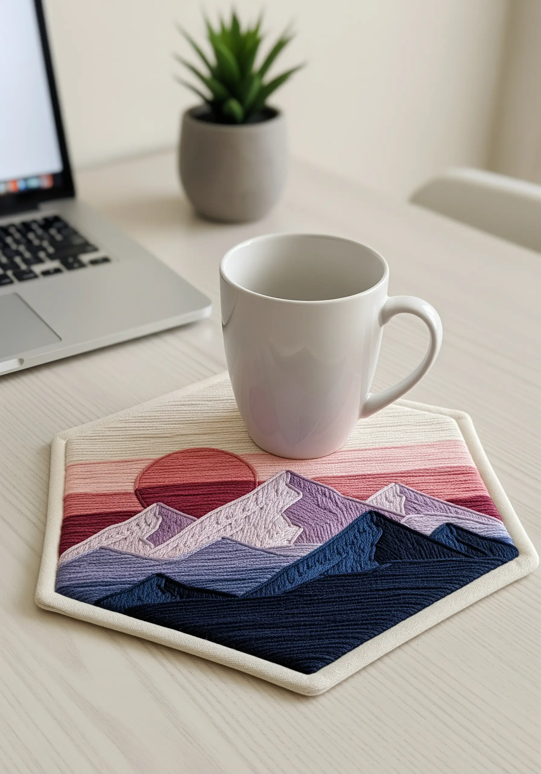 Geometric mountain landscape created with color-blocked satin stitch in shades of purple and pink.