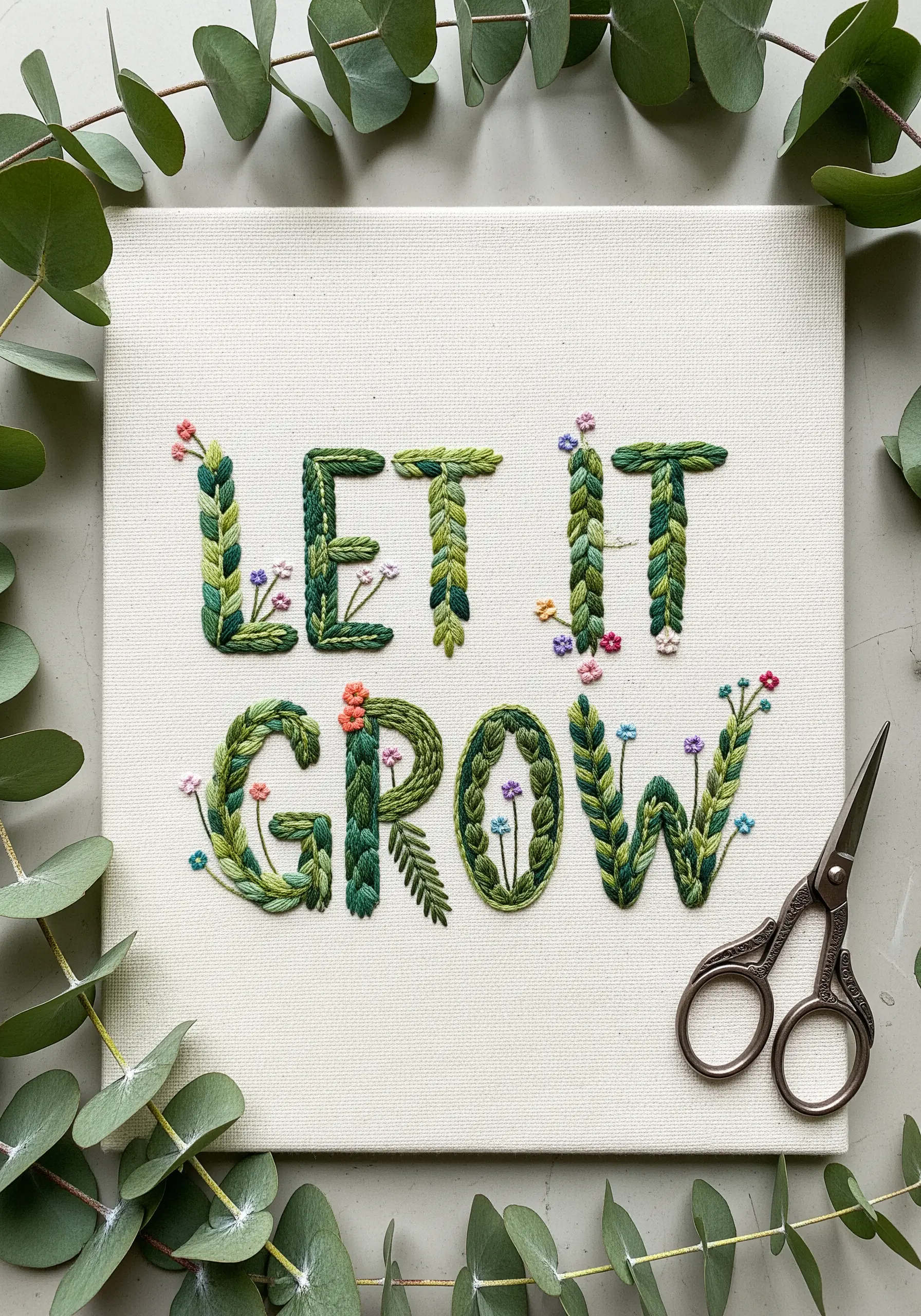 The words “LET IT GROW” formed from embroidered green leaves and tiny flowers.