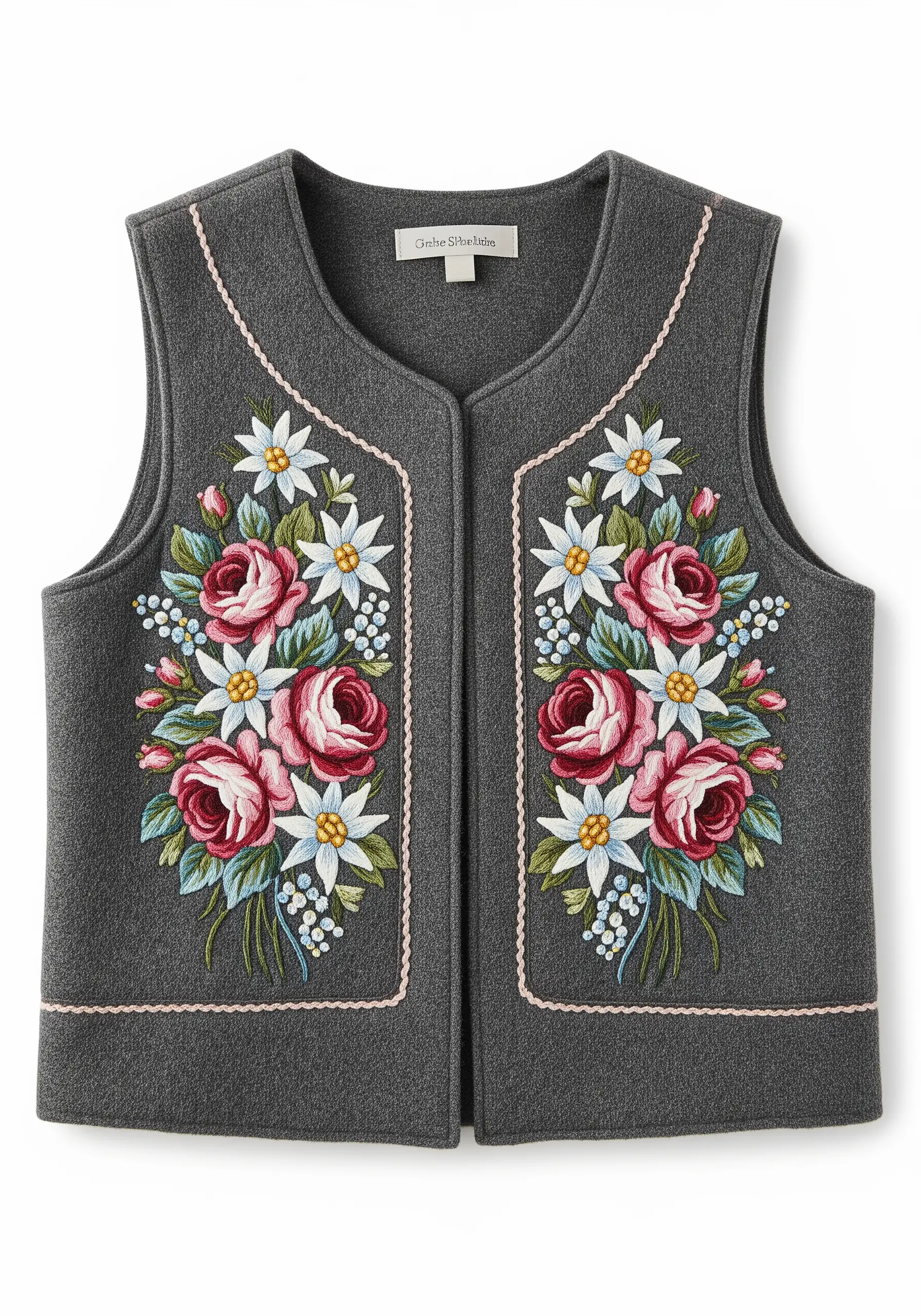 Symmetrical floral bouquets with pink roses and white daisies embroidered on a gray wool felt vest.