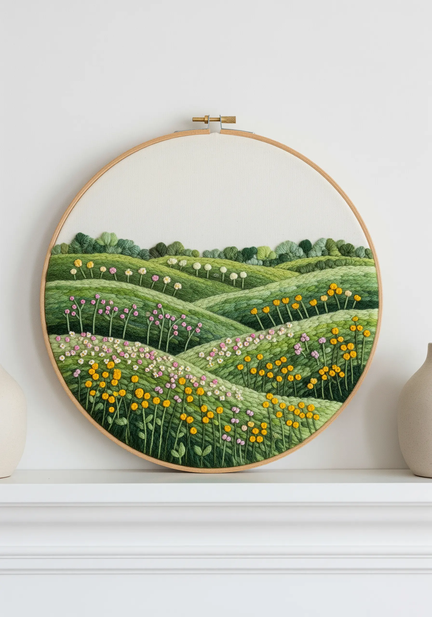 Round embroidery of rolling green hills using French knots