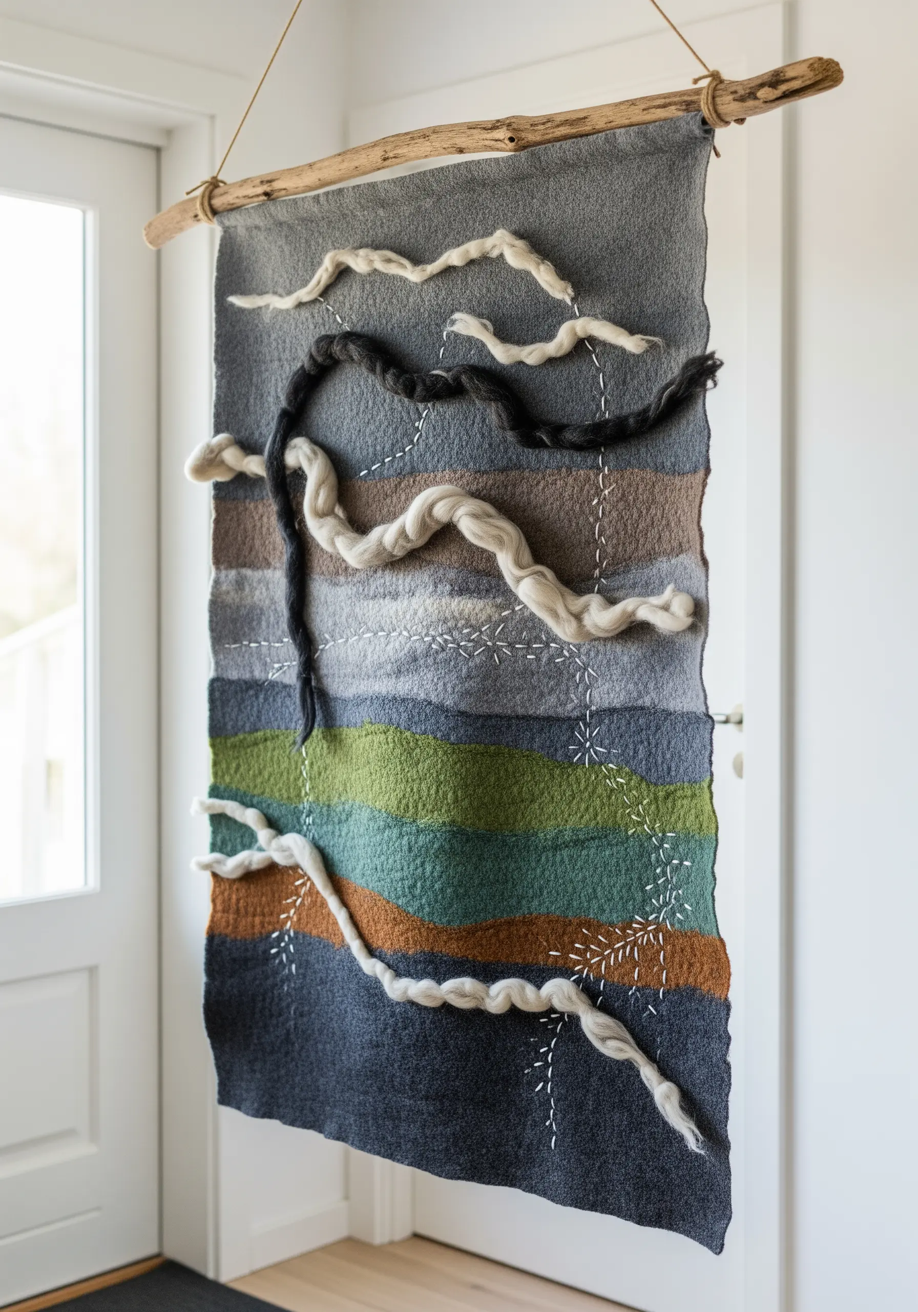 Abstract felt wall hanging with layered colors and chunky wool roving accents.